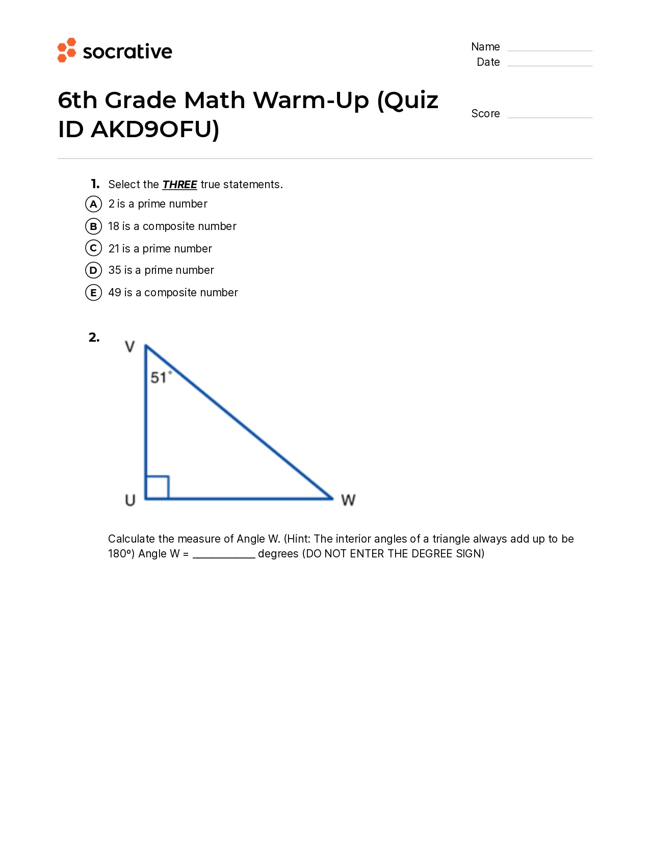 6Th Grade Math Warm-Up