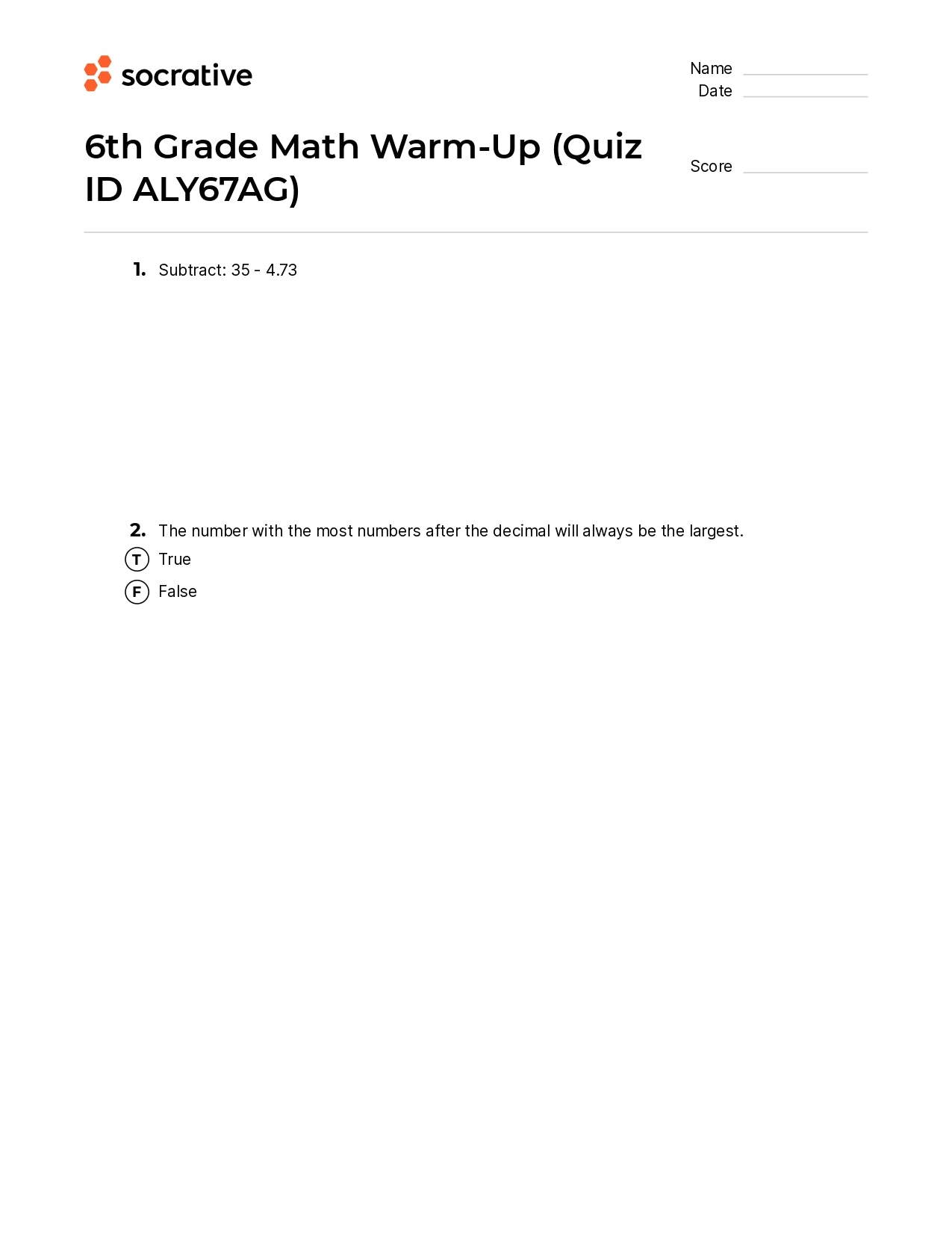 6Th Grade Math Warm-Up