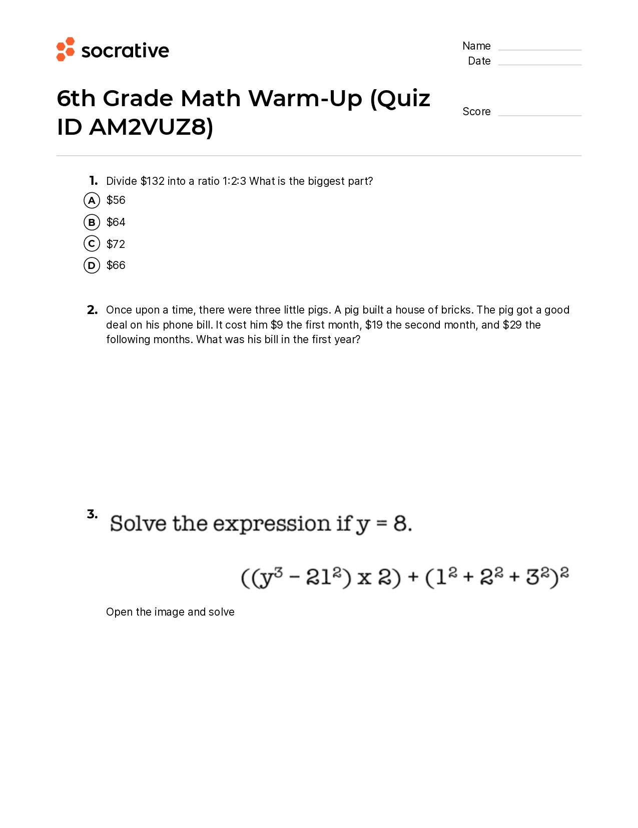 6Th Grade Math Warm-Up