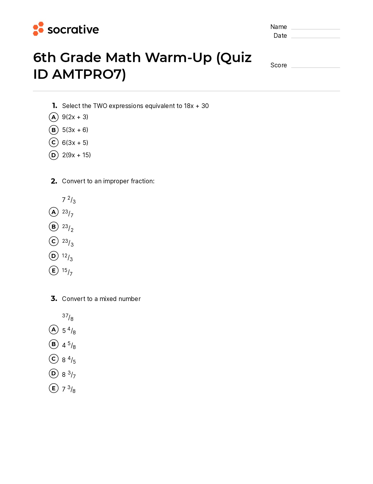 6Th Grade Math Warm-Up