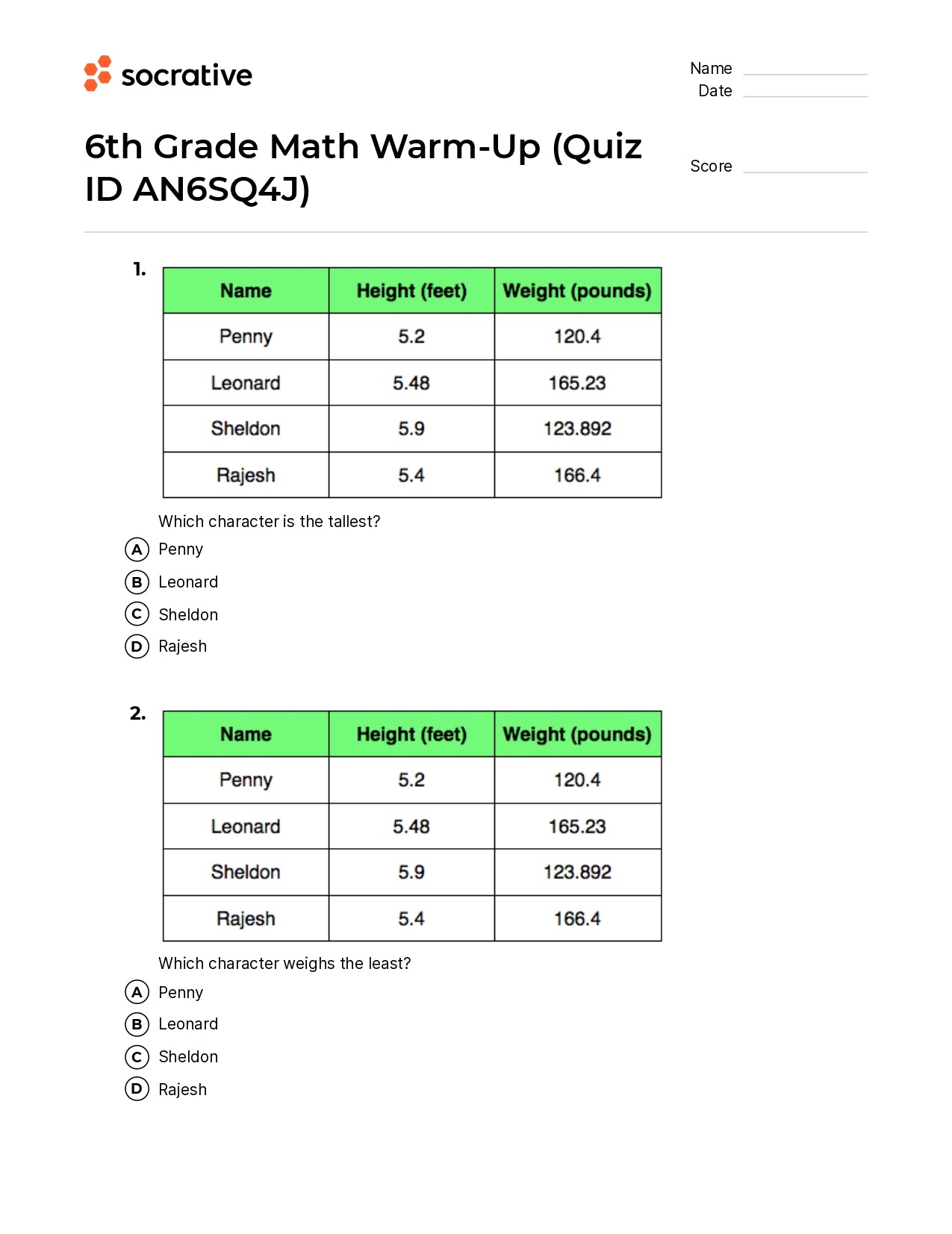 6Th Grade Math Warm-Up