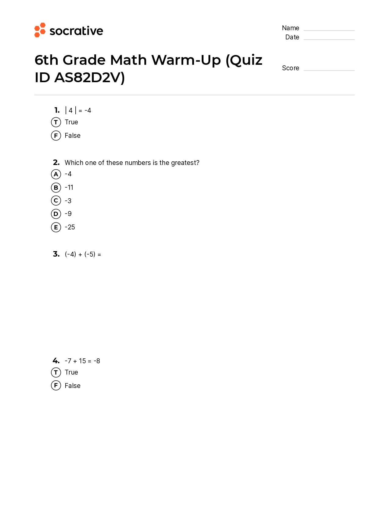 6Th Grade Math Warm-Up