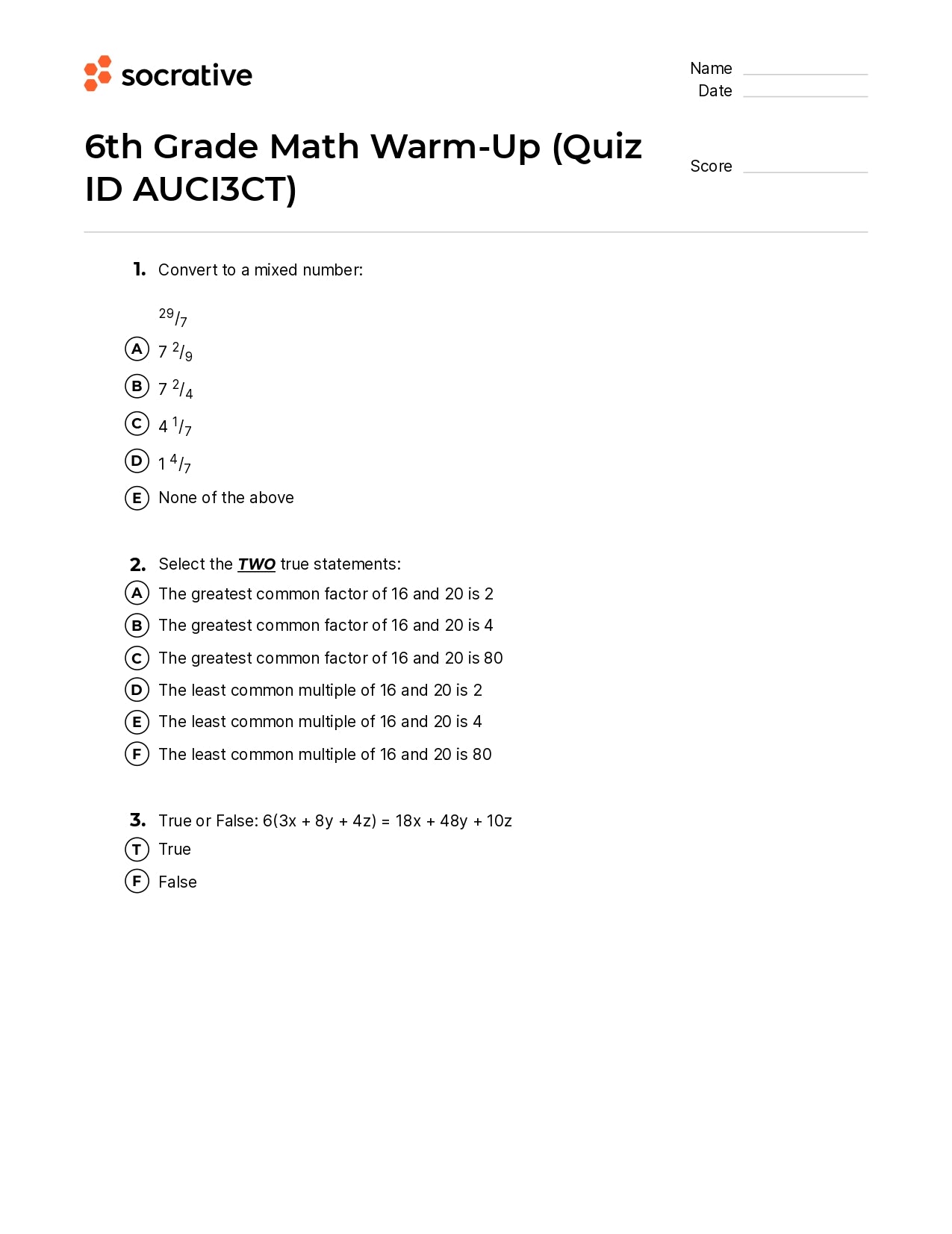 6Th Grade Math Warm-Up