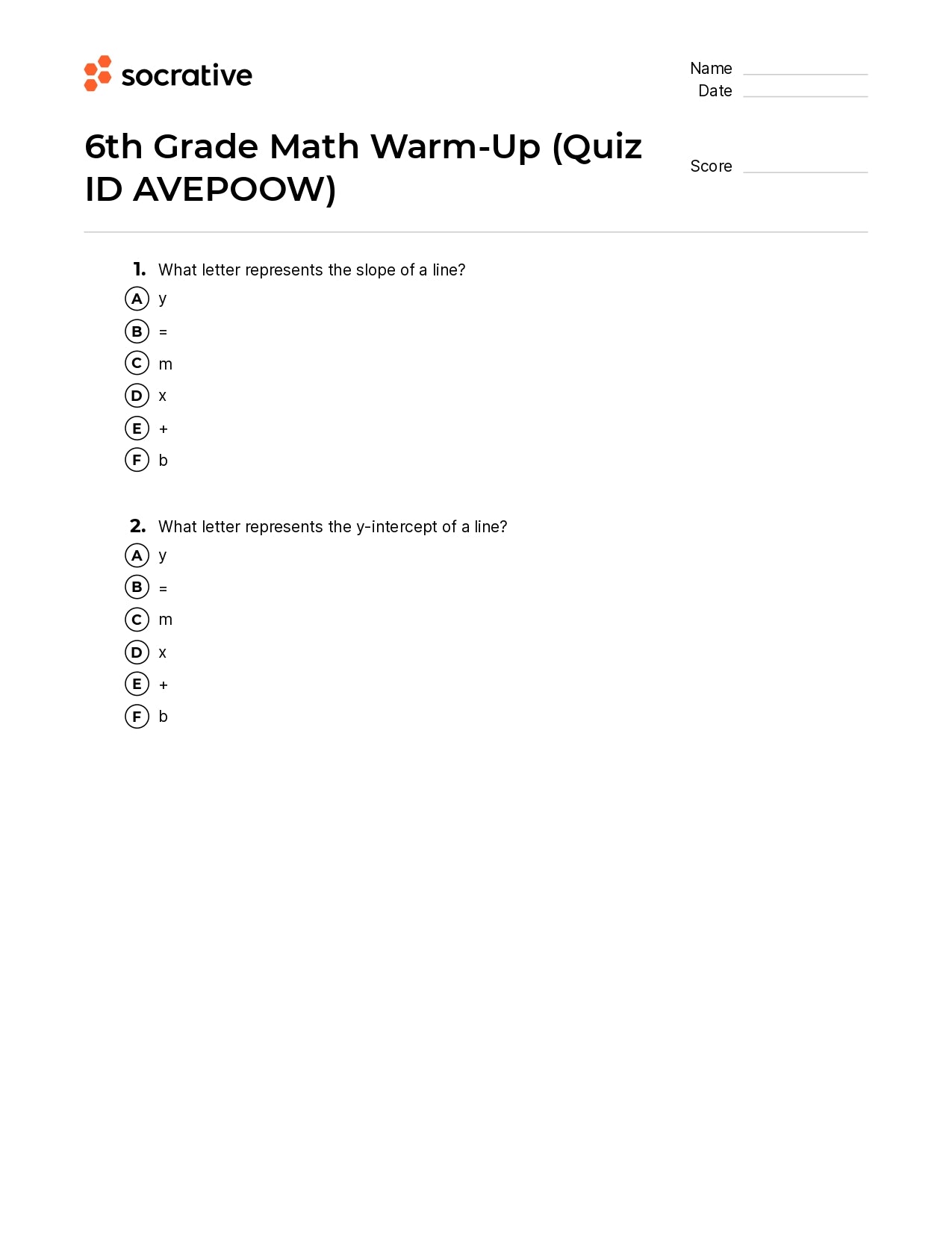 6Th Grade Math Warm-Up