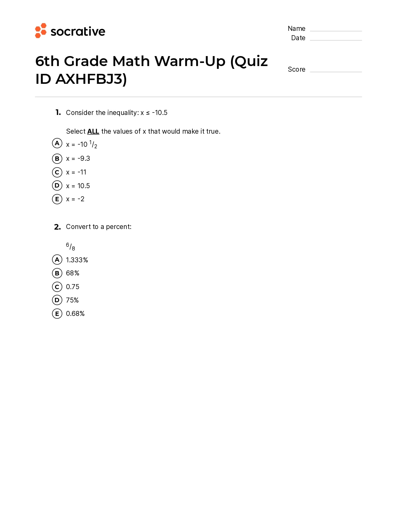 6Th Grade Math Warm-Up