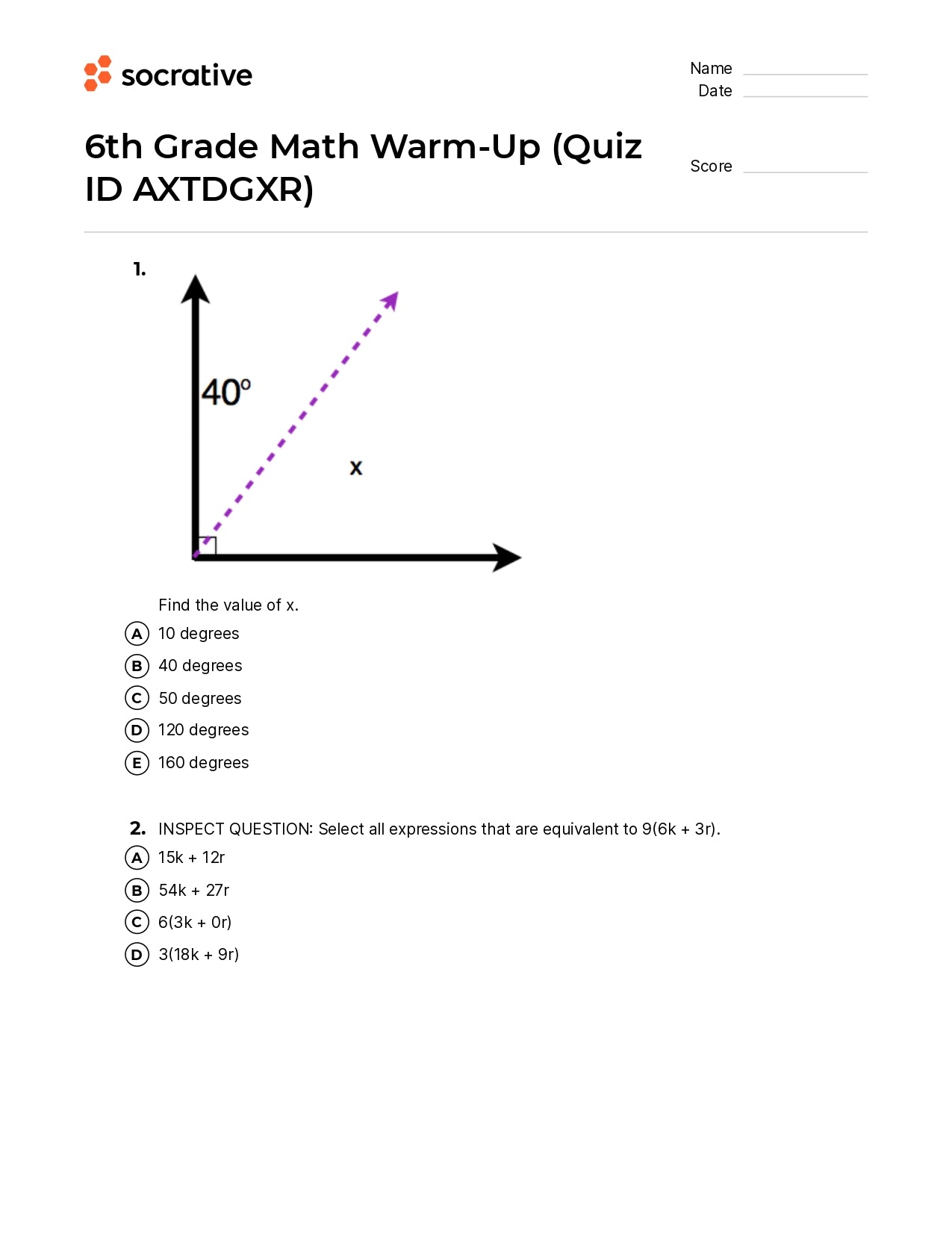 6Th Grade Math Warm-Up
