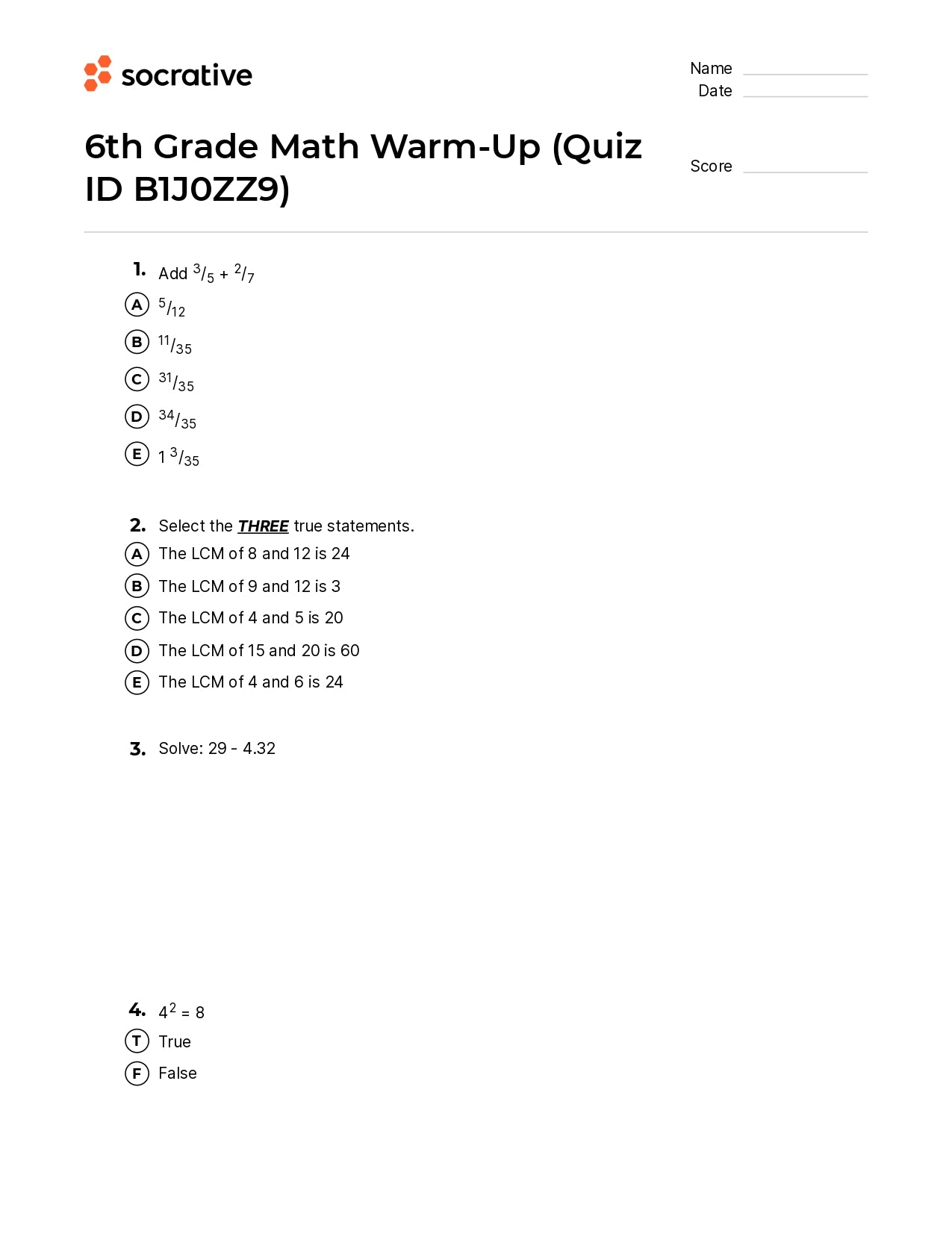 6Th Grade Math Warm-Up