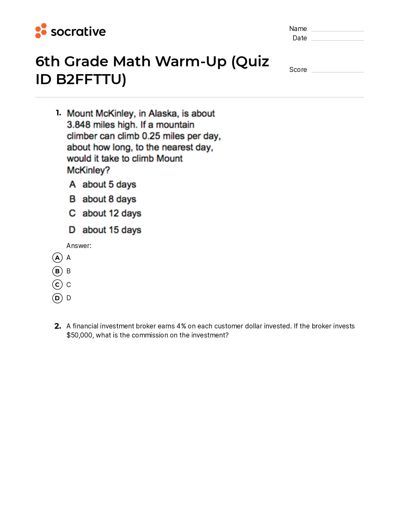 6Th Grade Math Warm-Up