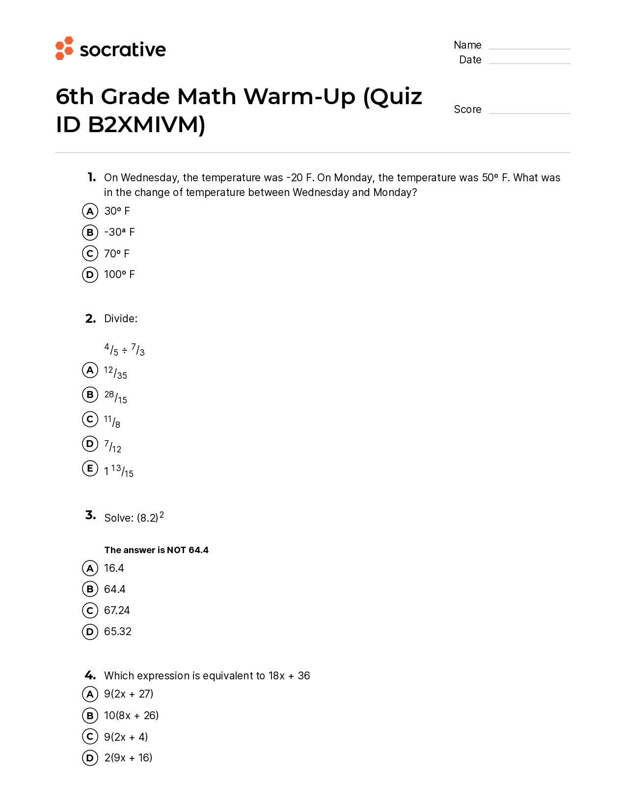 6Th Grade Math Warm-Up