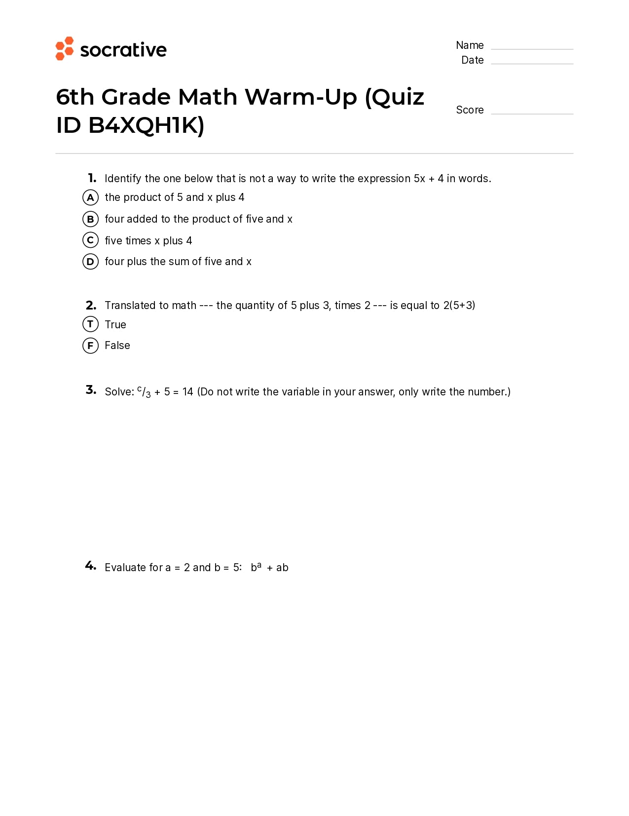 6Th Grade Math Warm-Up