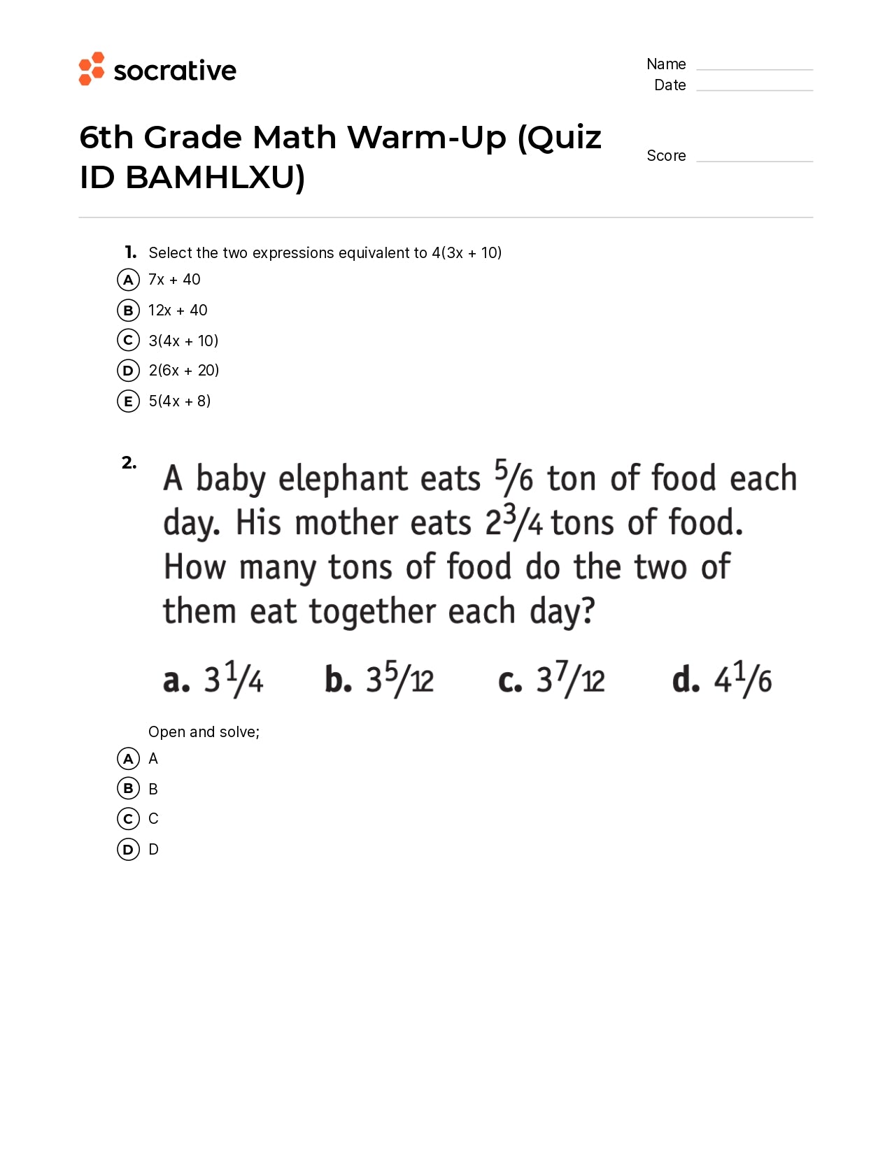 6Th Grade Math Warm-Up