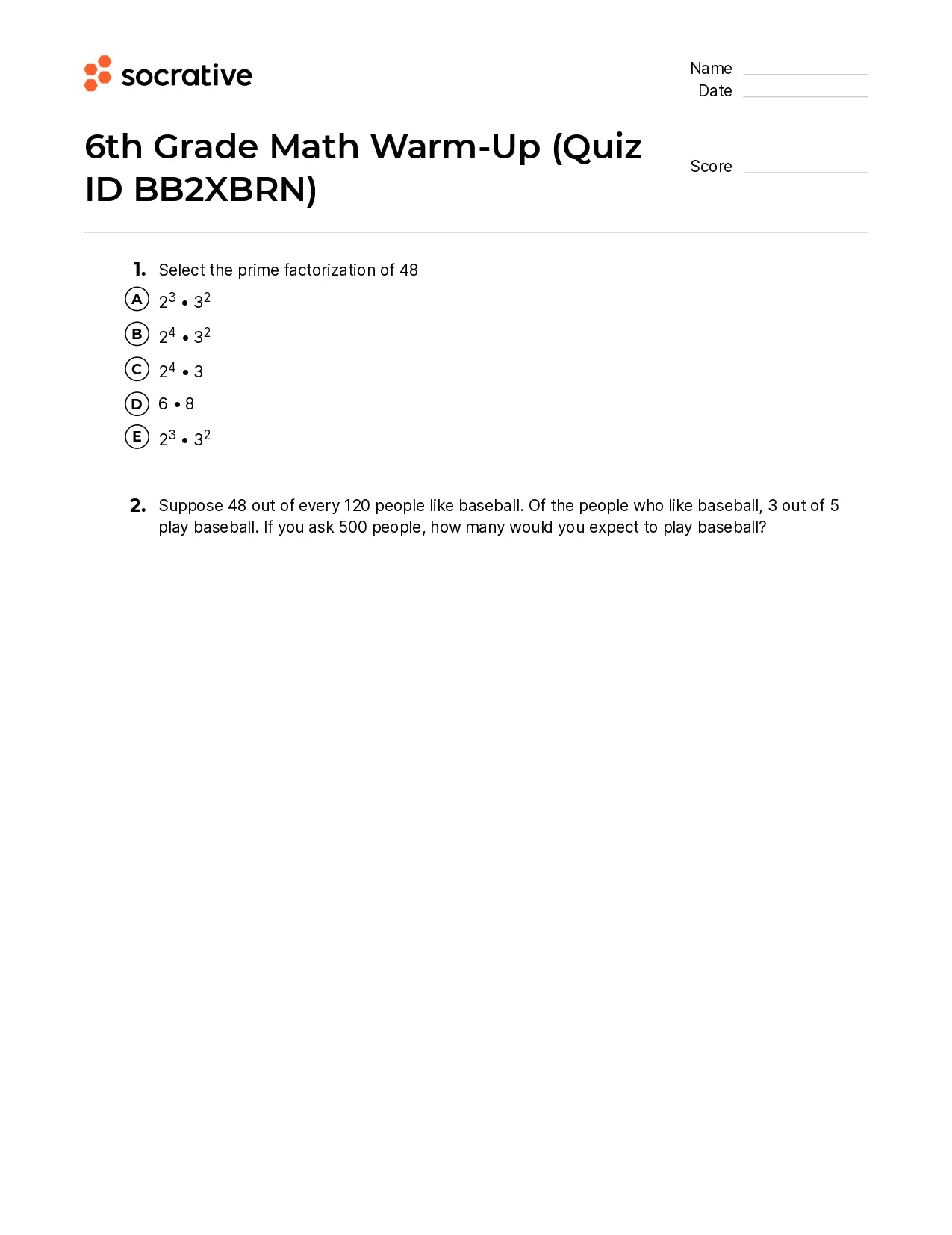 6Th Grade Math Warm-Up
