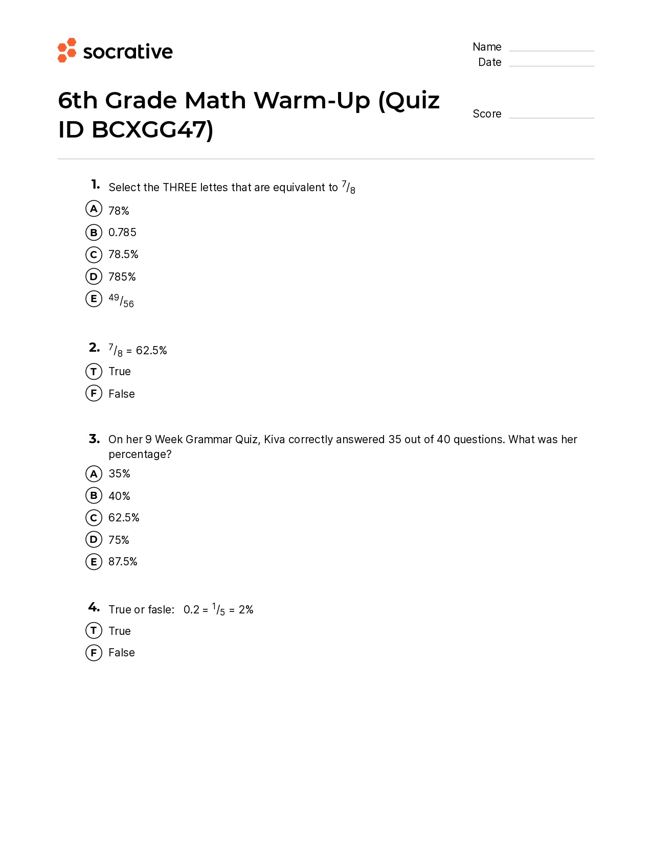 6Th Grade Math Warm-Up