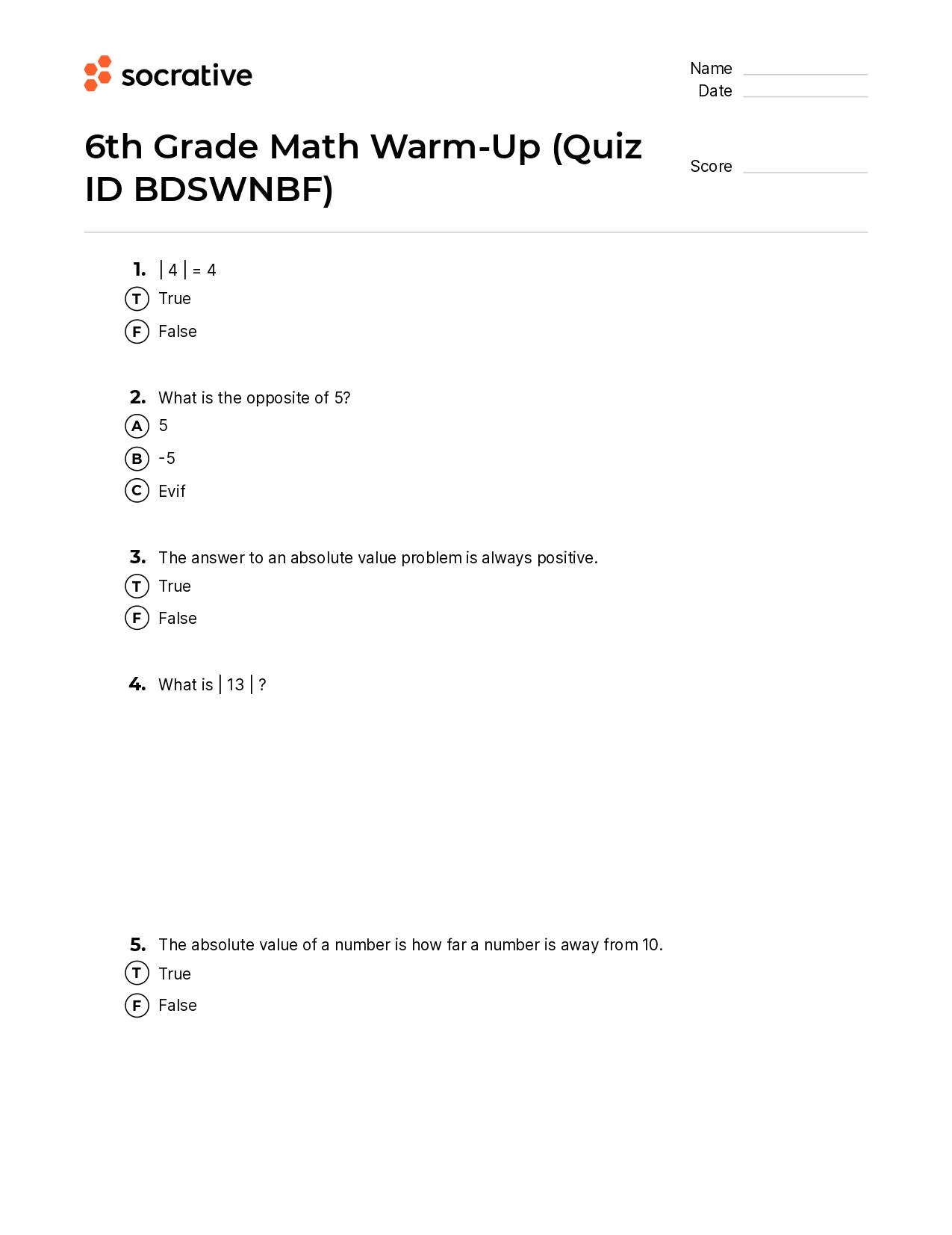 6Th Grade Math Warm-Up