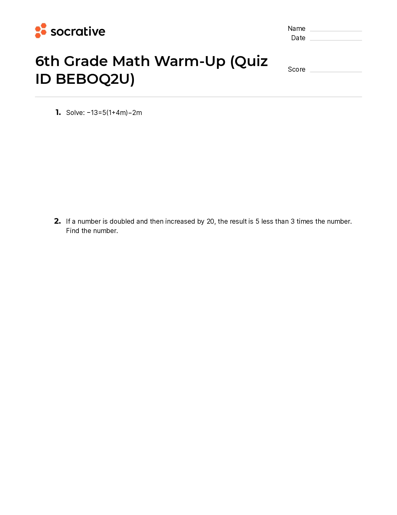 6Th Grade Math Warm-Up