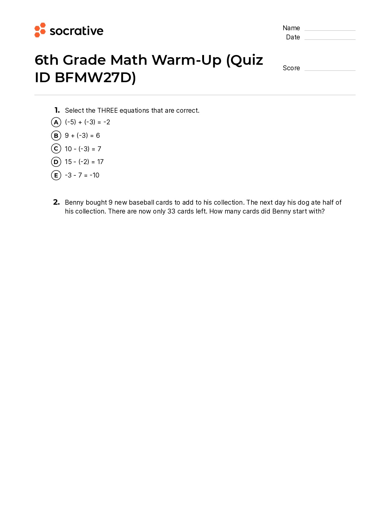 6Th Grade Math Warm-Up