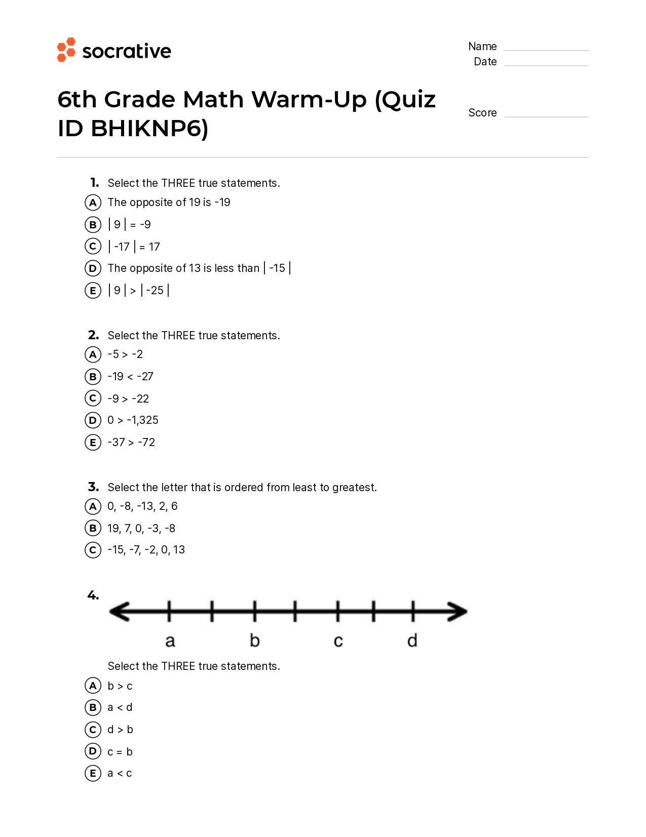6Th Grade Math Warm-Up