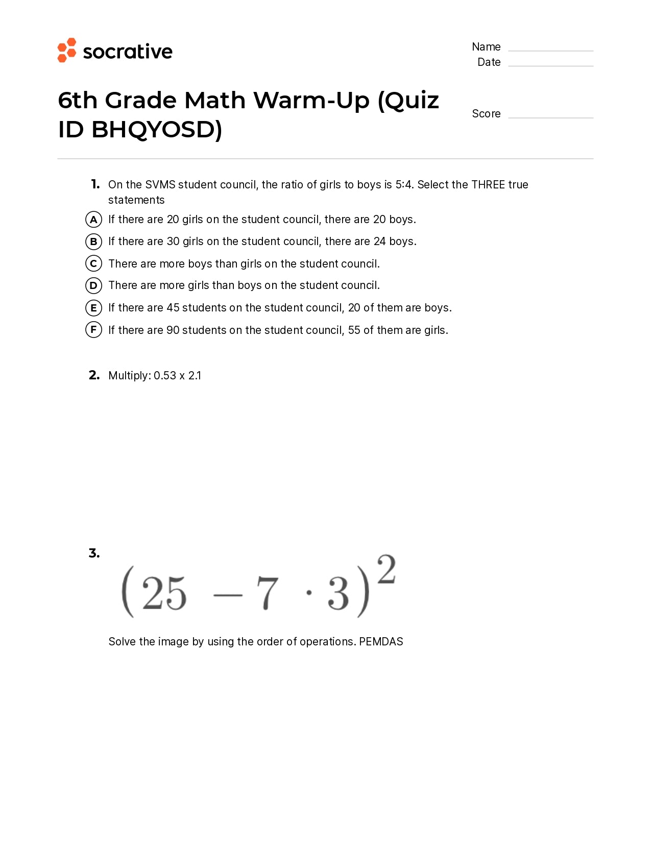 6Th Grade Math Warm-Up