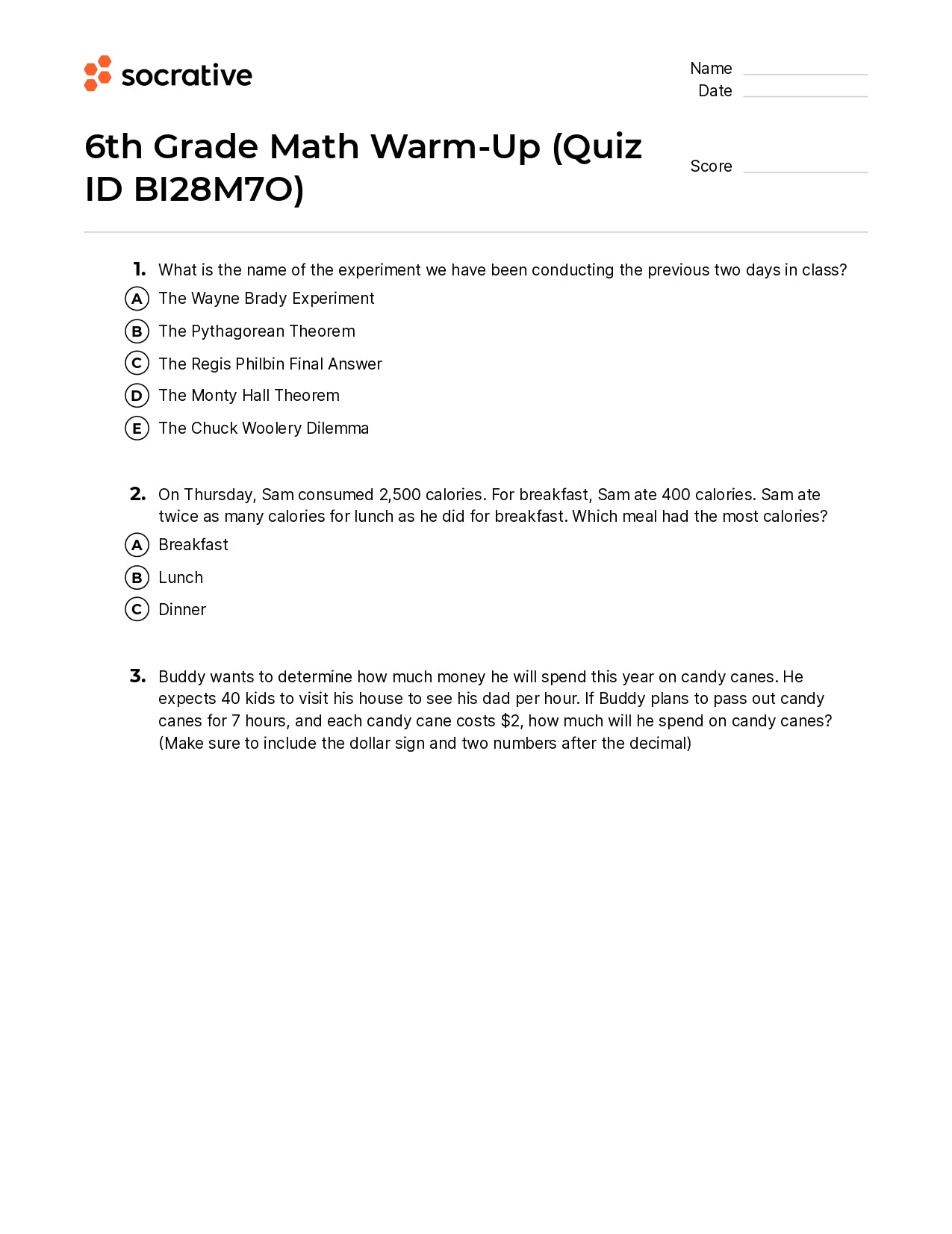 6Th Grade Math Warm-Up
