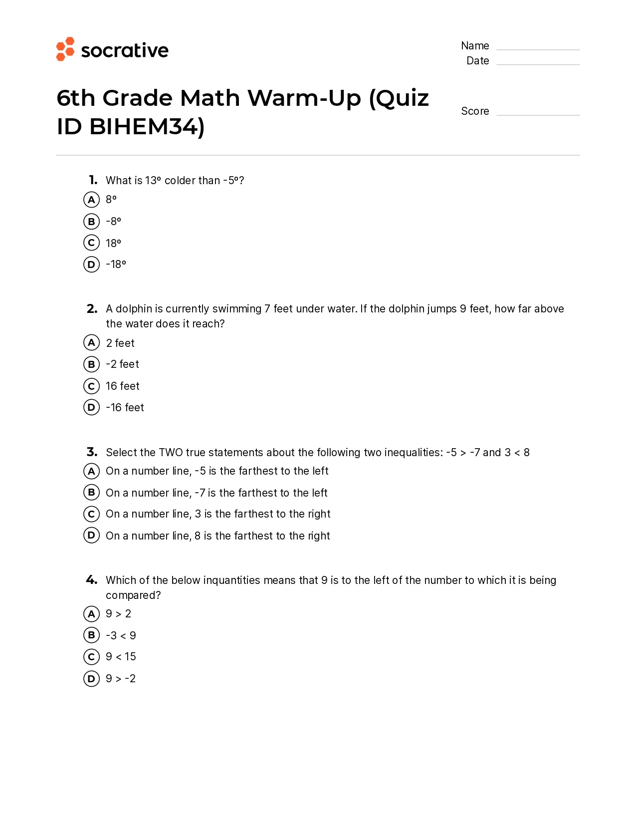 6Th Grade Math Warm-Up