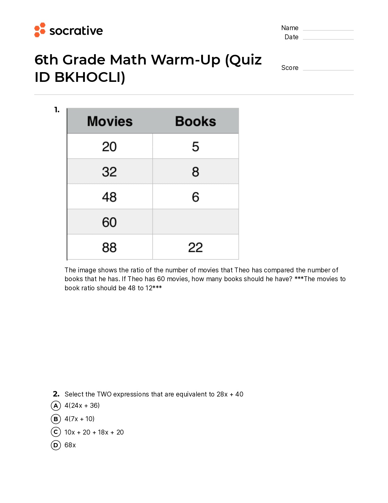 6Th Grade Math Warm-Up