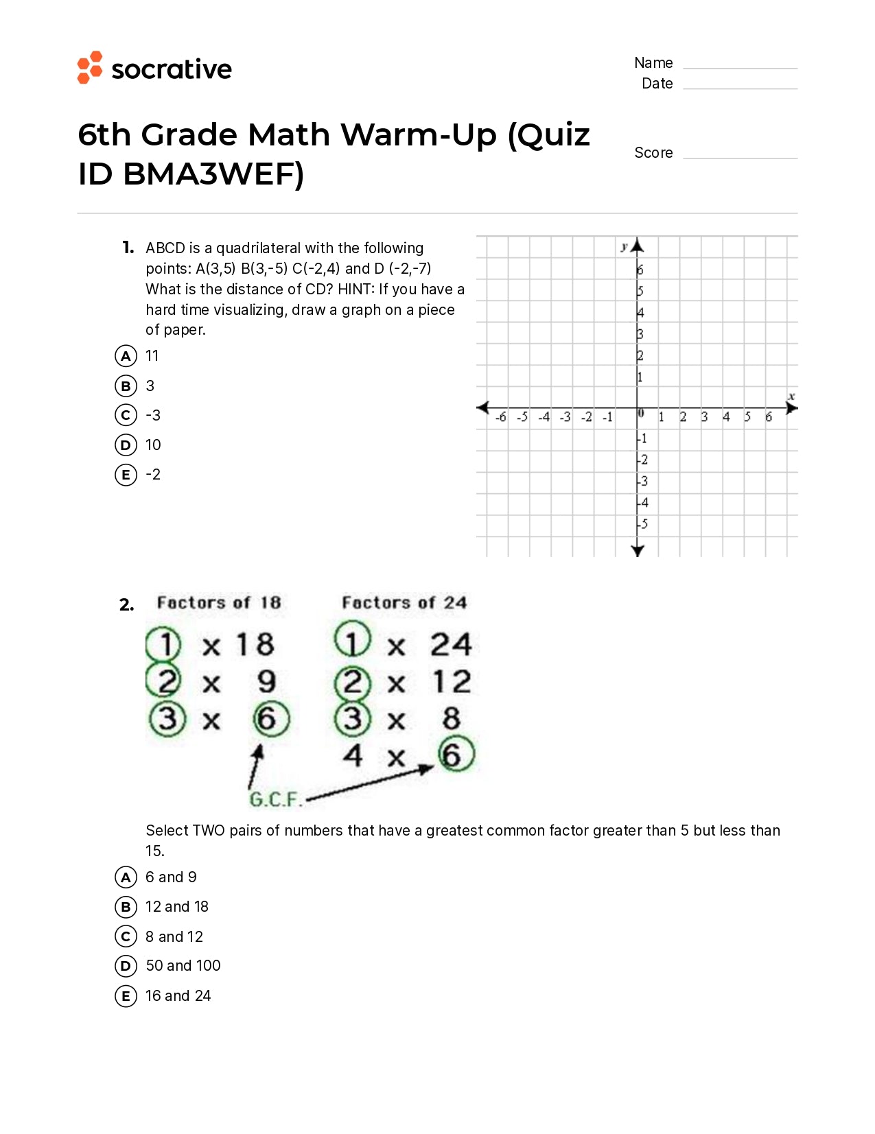 6Th Grade Math Warm-Up