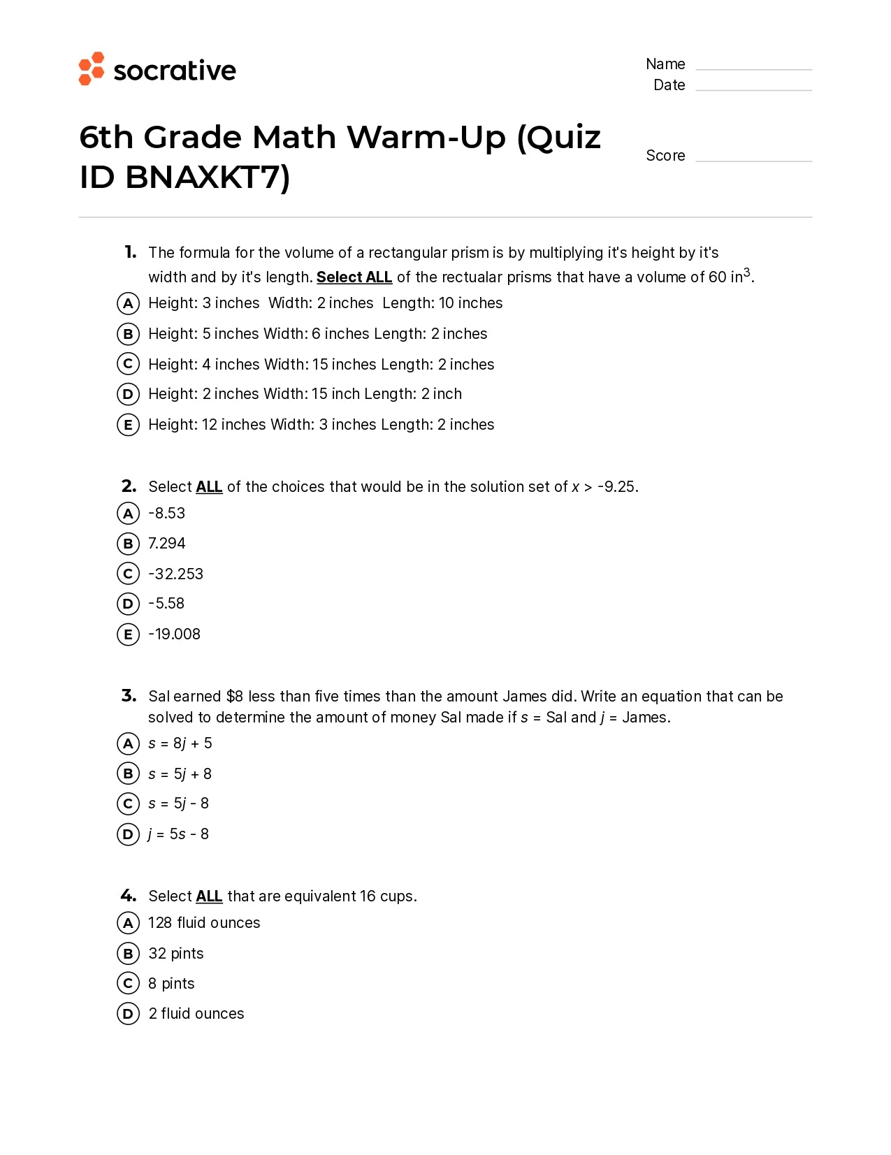 6Th Grade Math Warm-Up