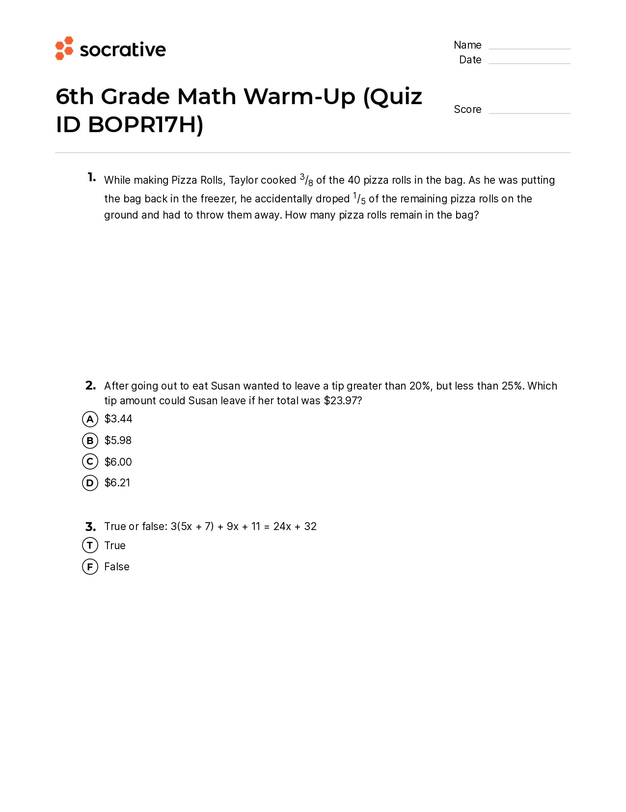 6Th Grade Math Warm-Up