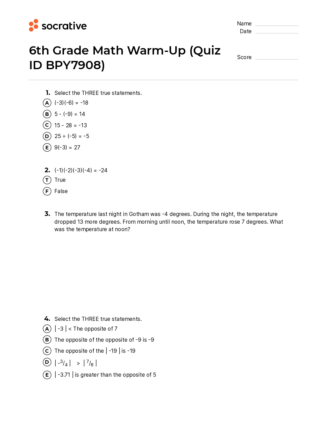 6Th Grade Math Warm-Up