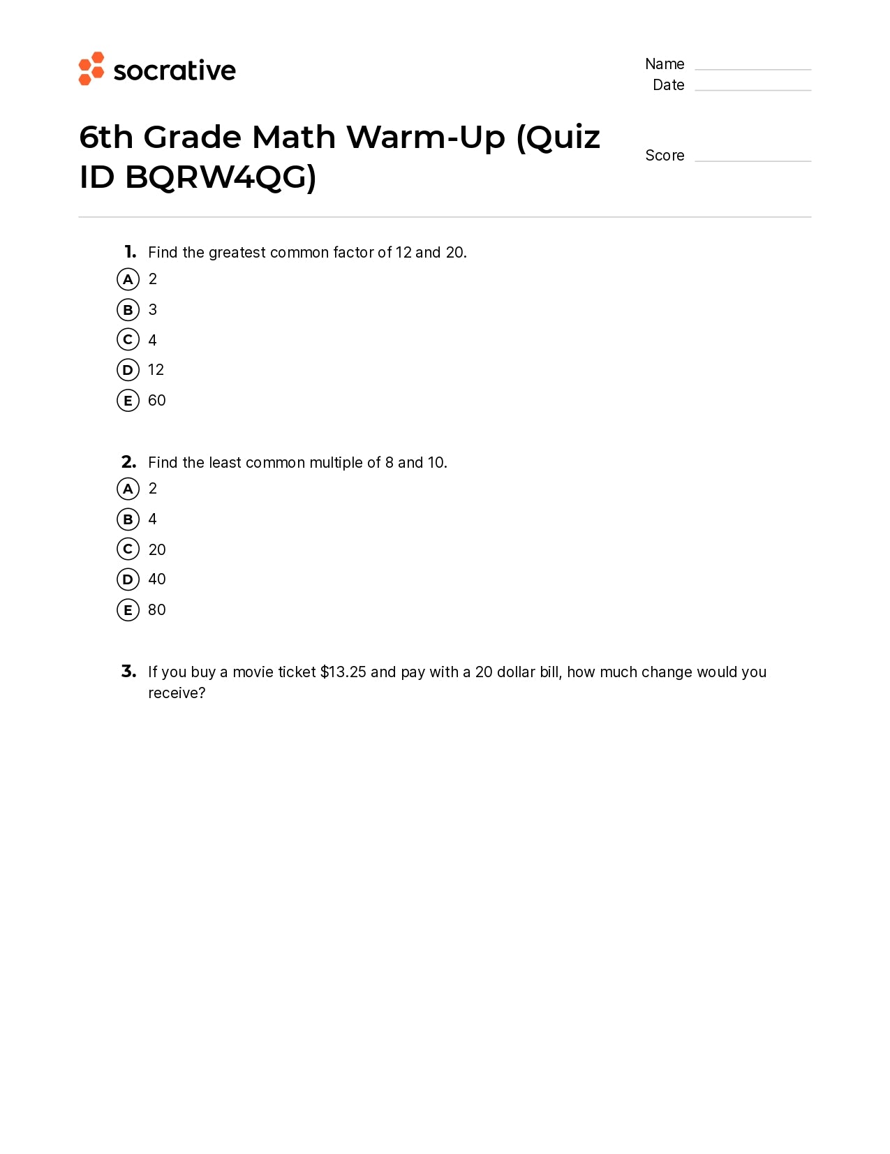 6Th Grade Math Warm-Up