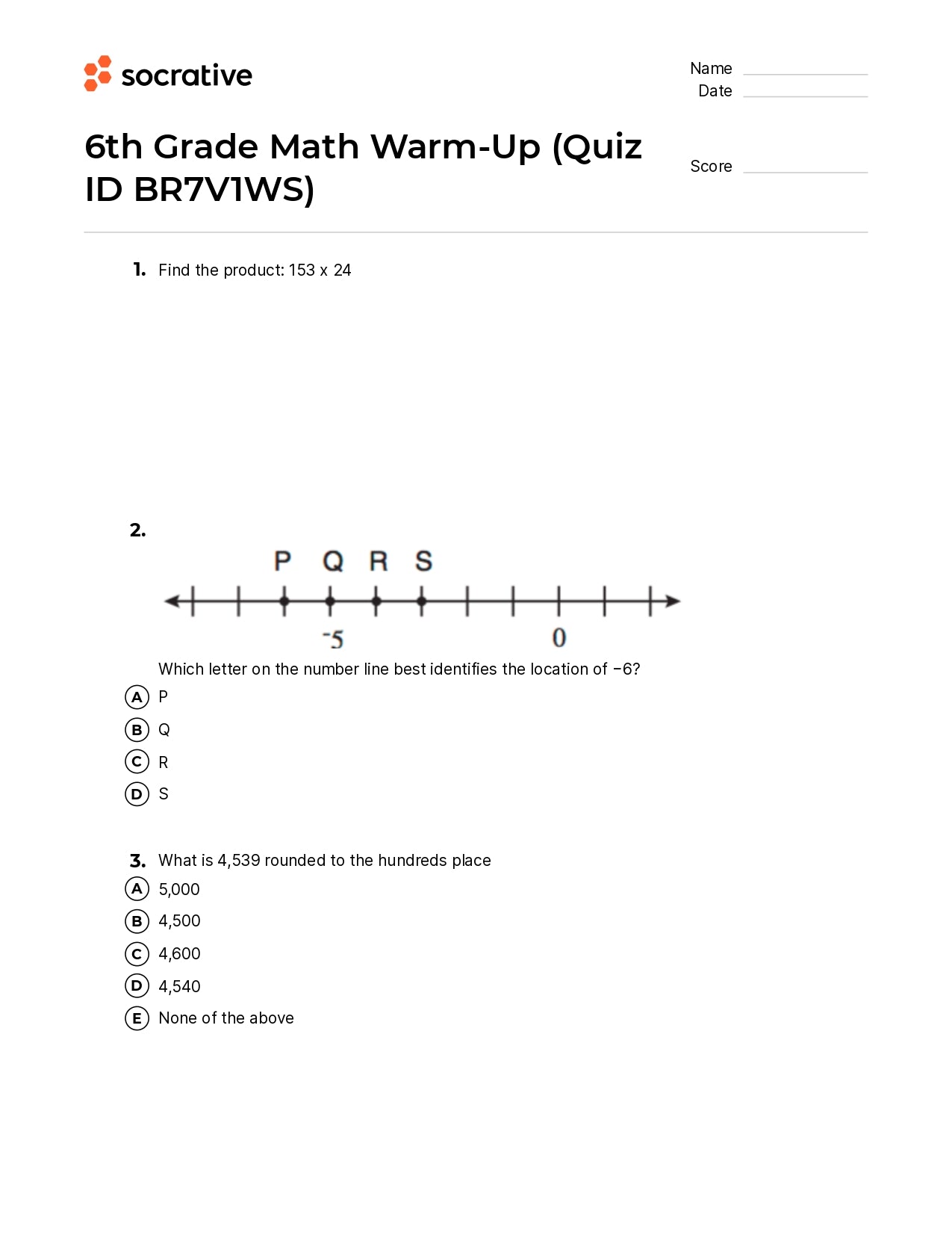 6Th Grade Math Warm-Up