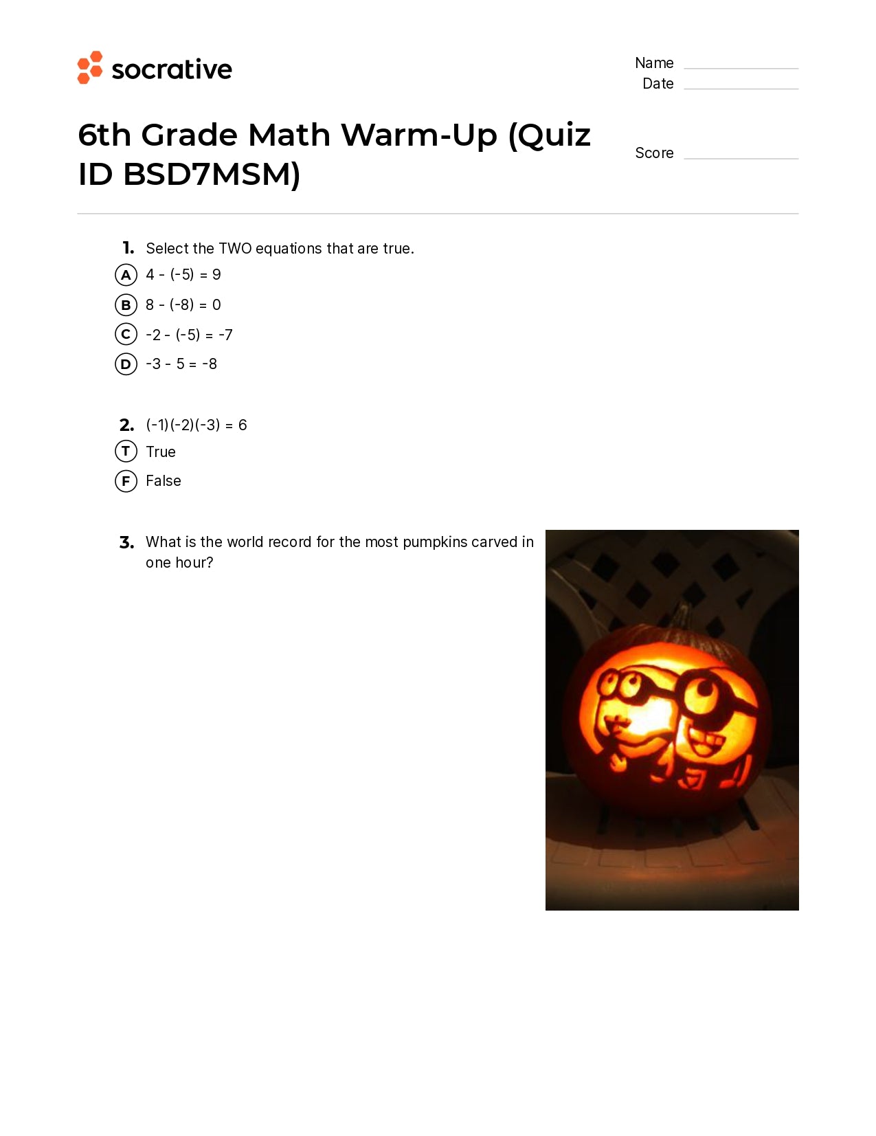 6Th Grade Math Warm-Up