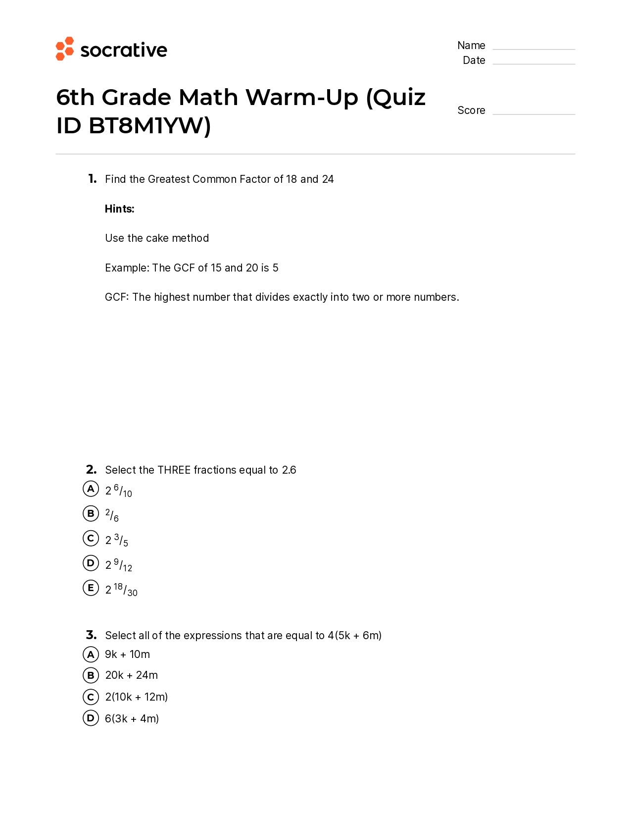 6Th Grade Math Warm-Up