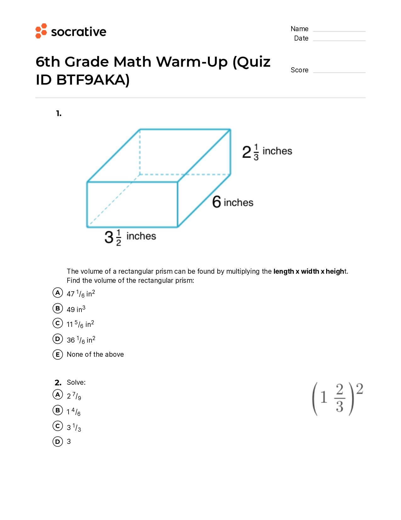 6Th Grade Math Warm-Up