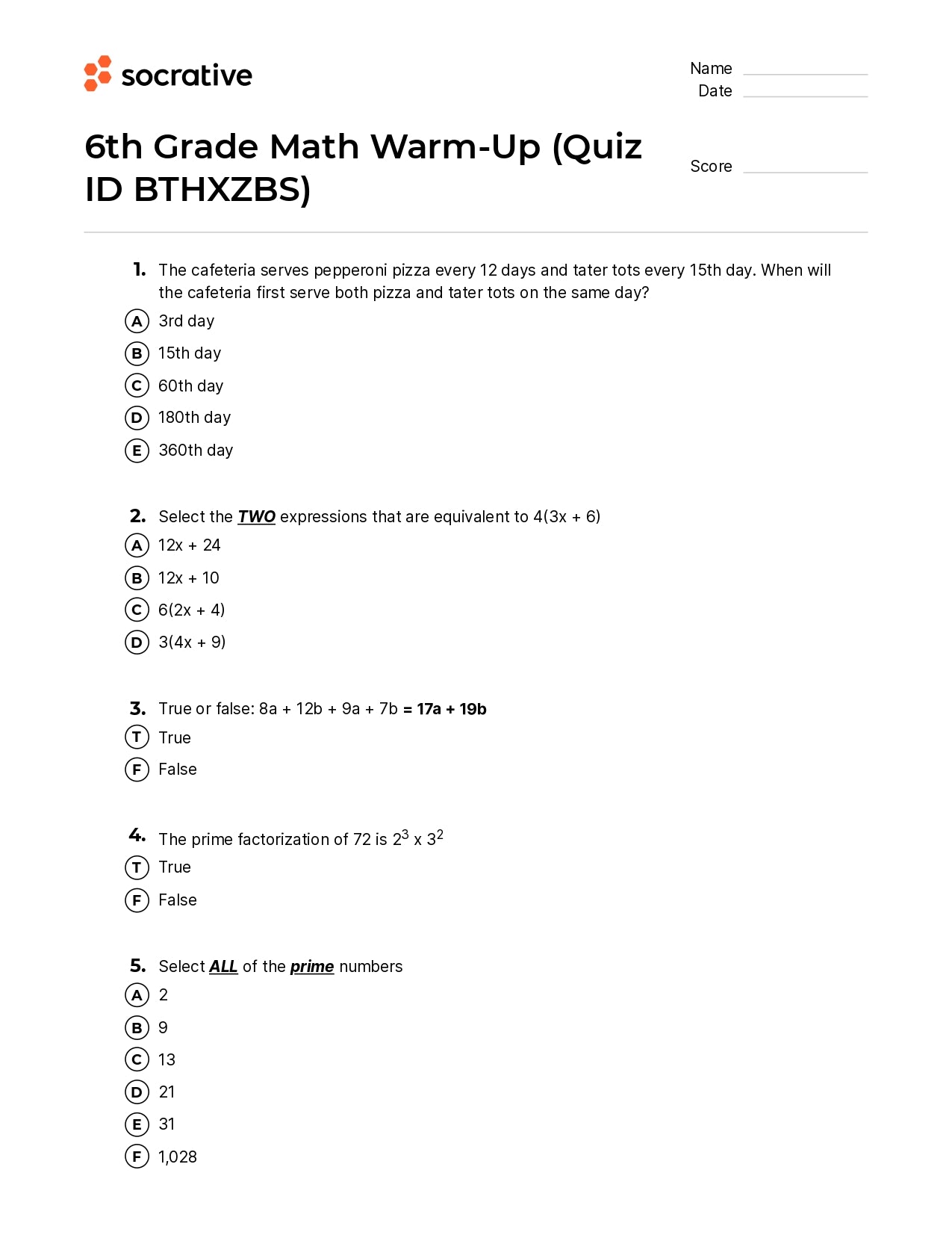 6Th Grade Math Warm-Up