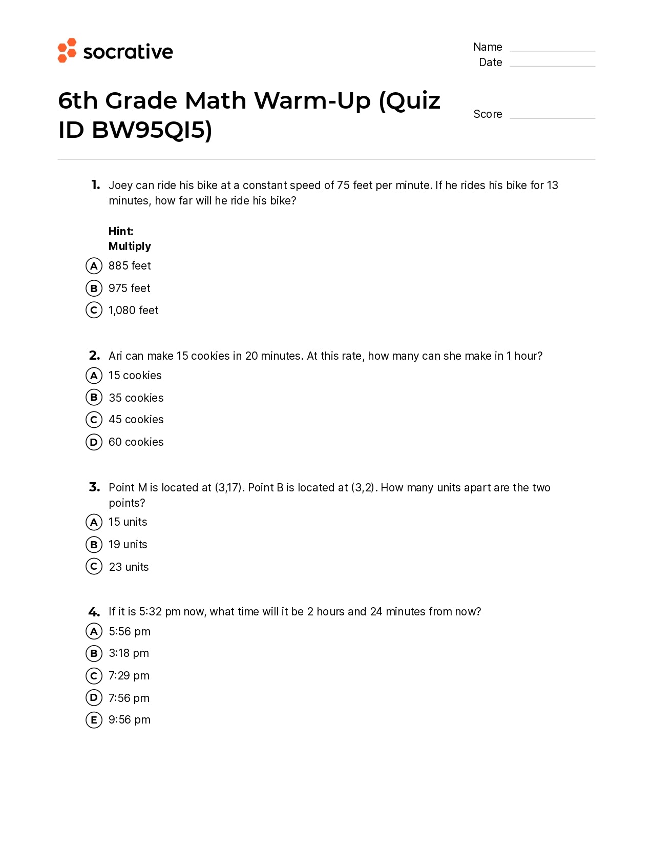 6Th Grade Math Warm-Up