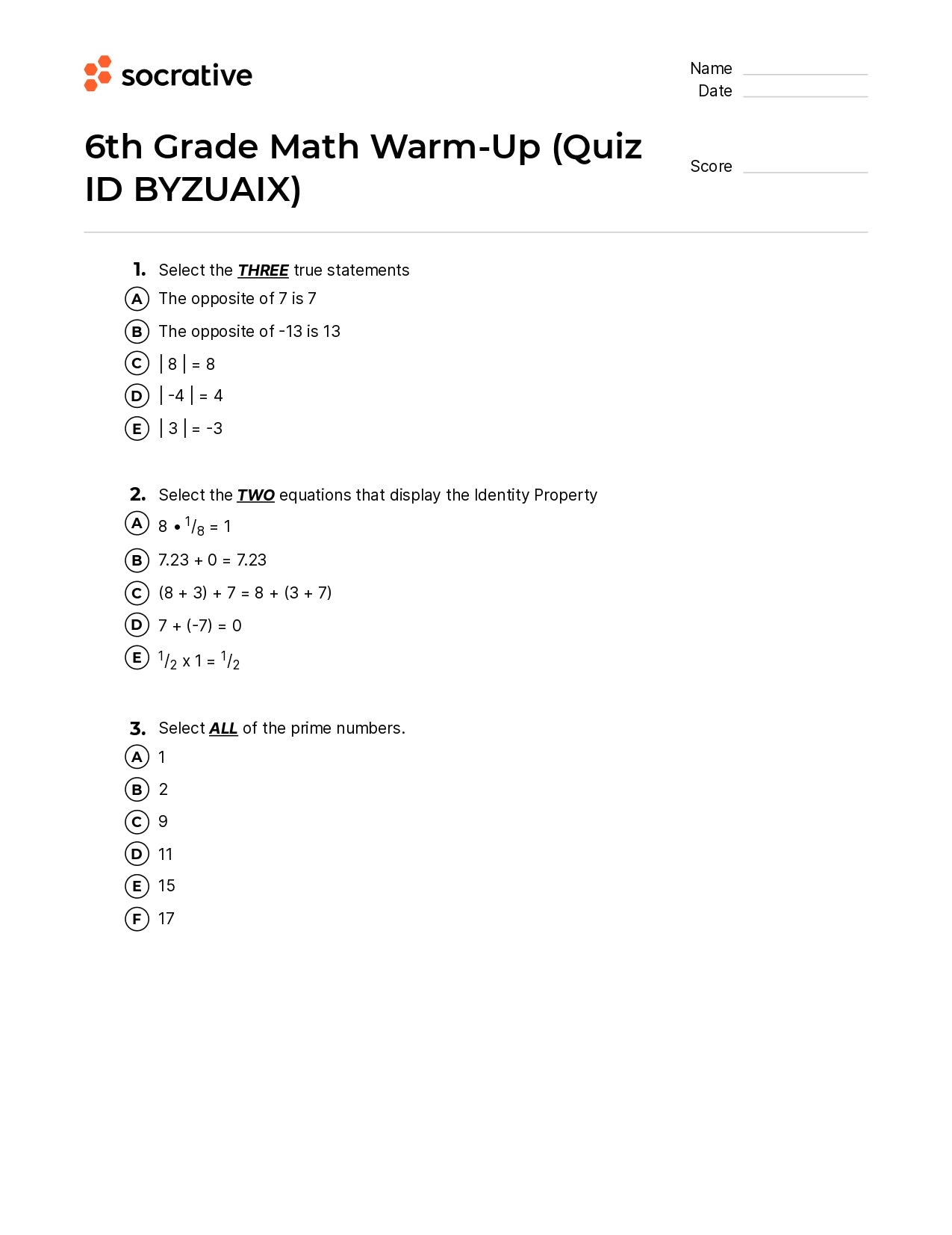 6Th Grade Math Warm-Up