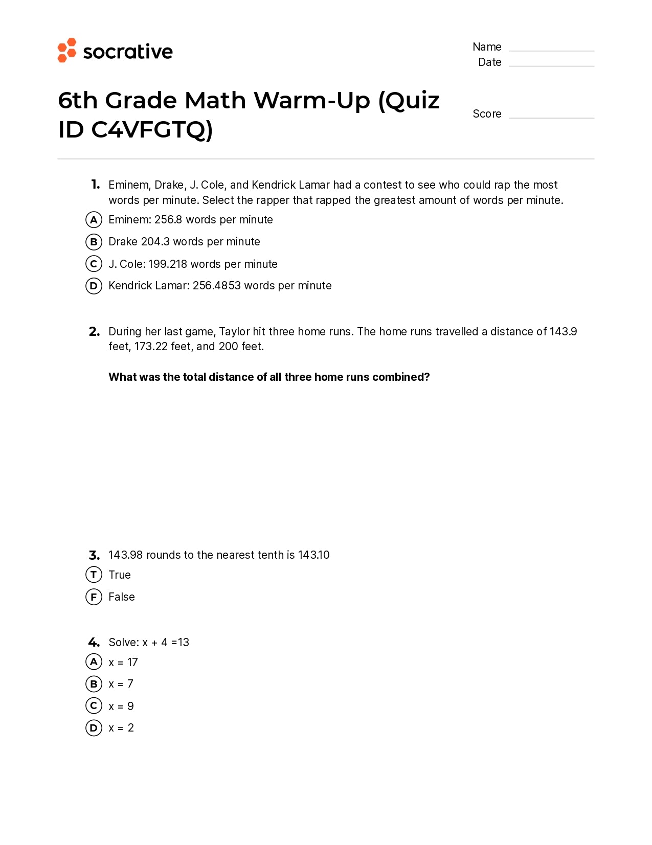 6Th Grade Math Warm-Up