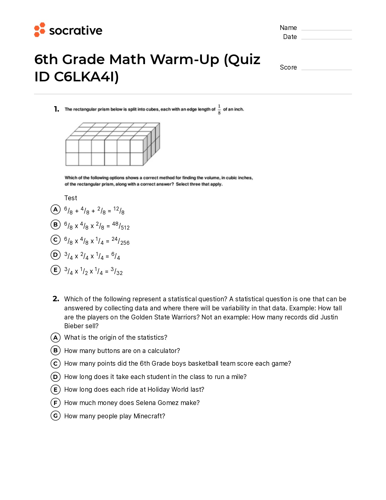 6Th Grade Math Warm-Up