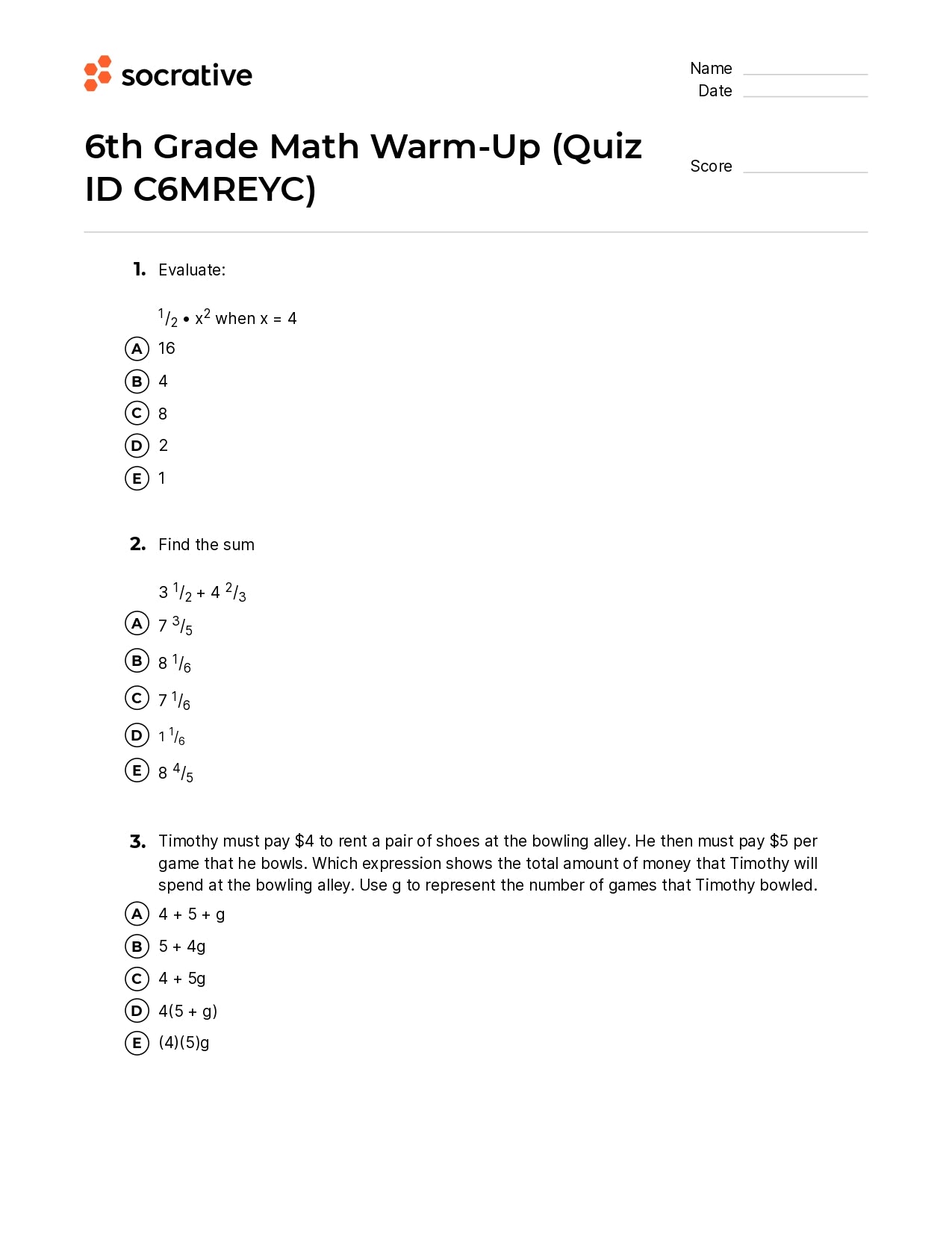 6Th Grade Math Warm-Up