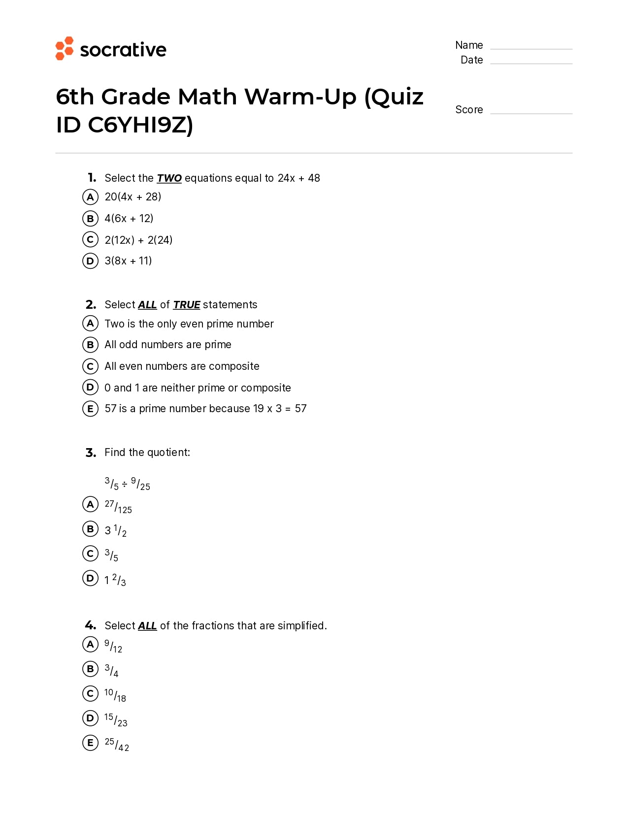 6Th Grade Math Warm-Up