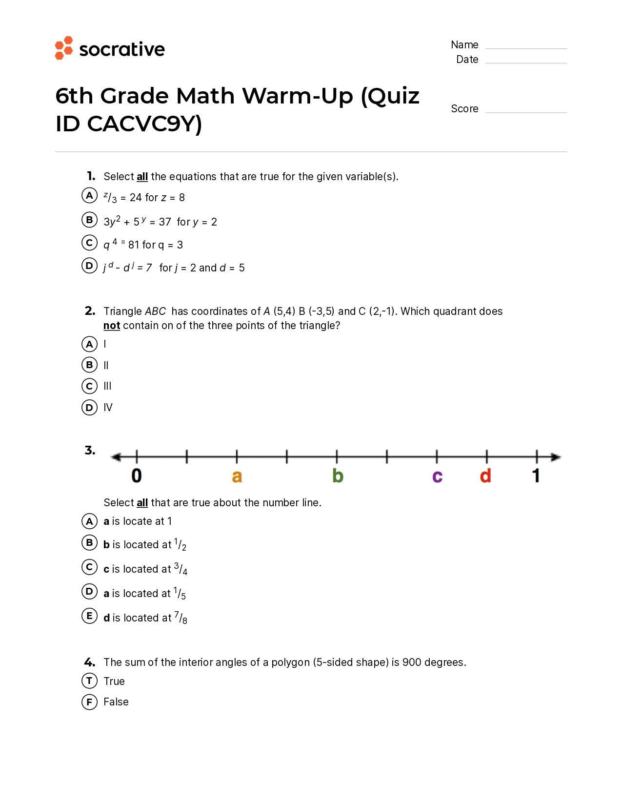 6Th Grade Math Warm-Up