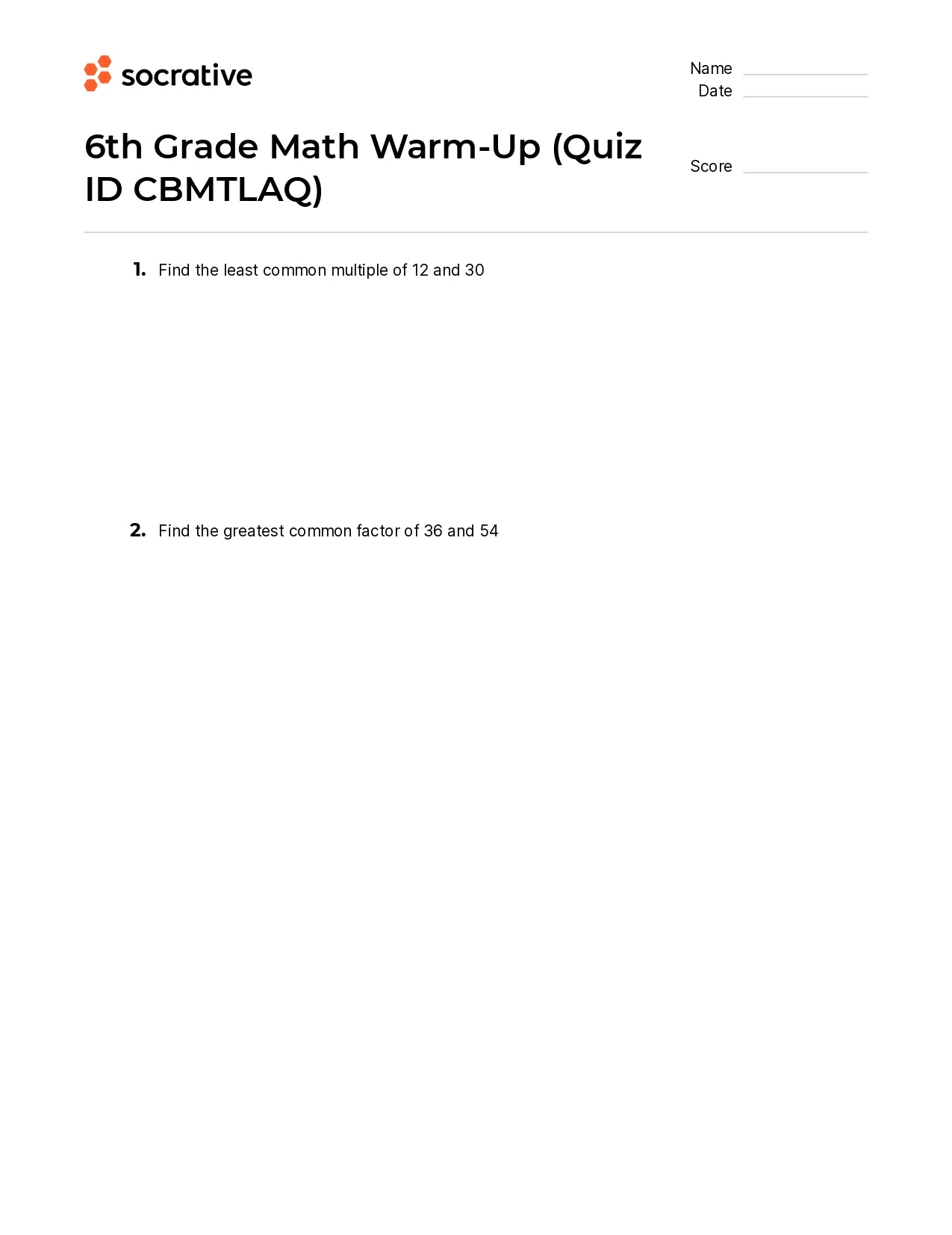 6Th Grade Math Warm-Up