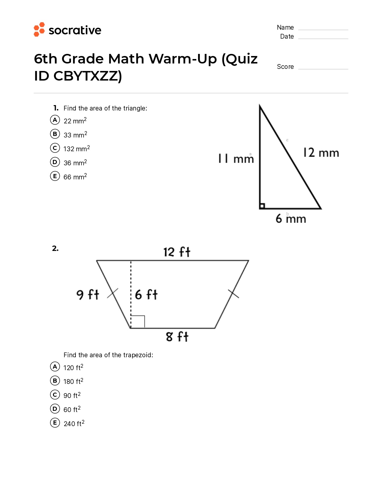 6Th Grade Math Warm-Up