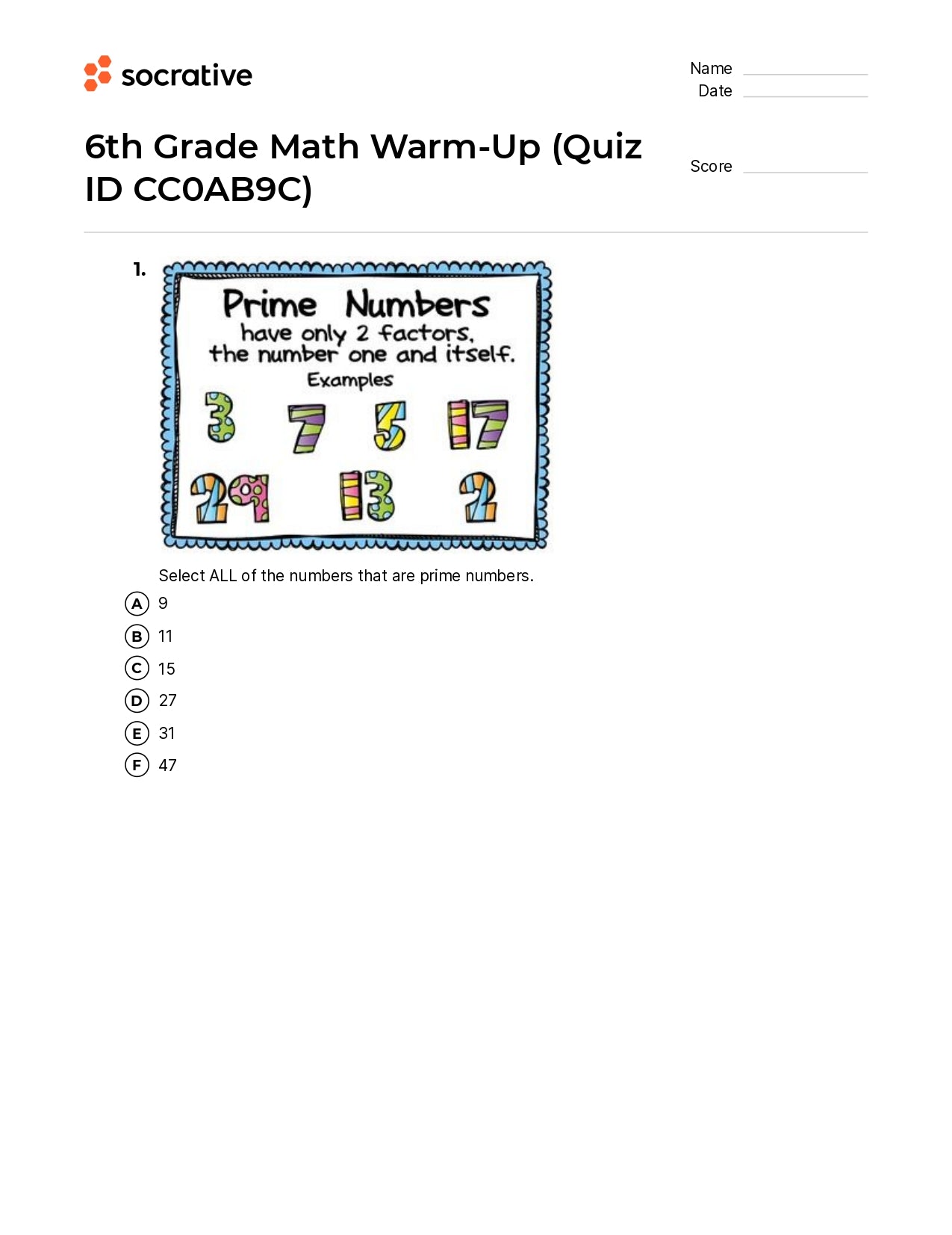 6Th Grade Math Warm-Up