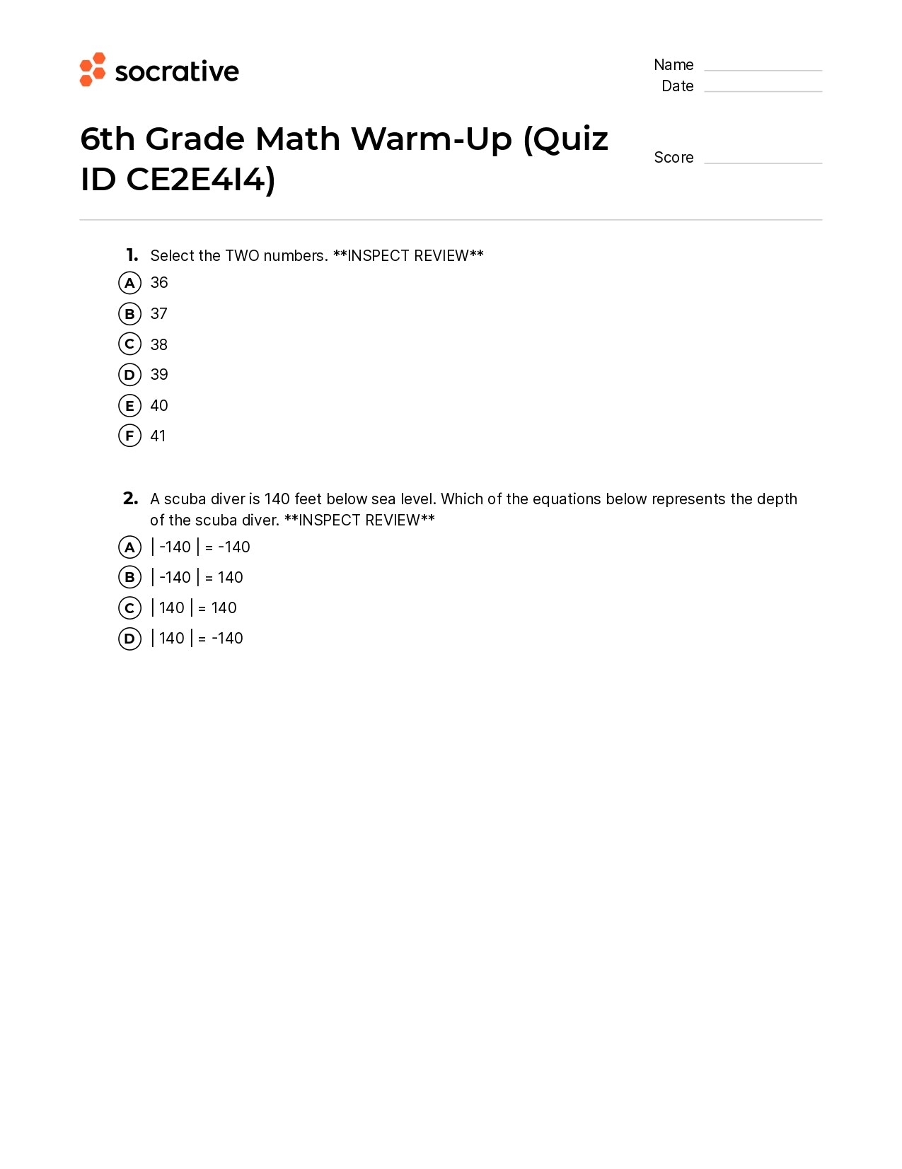 6Th Grade Math Warm-Up