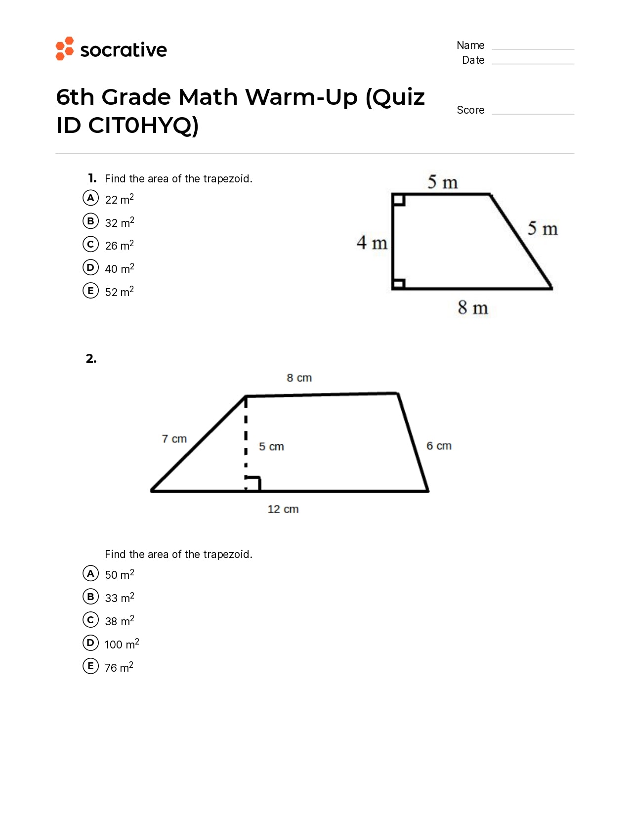 6Th Grade Math Warm-Up