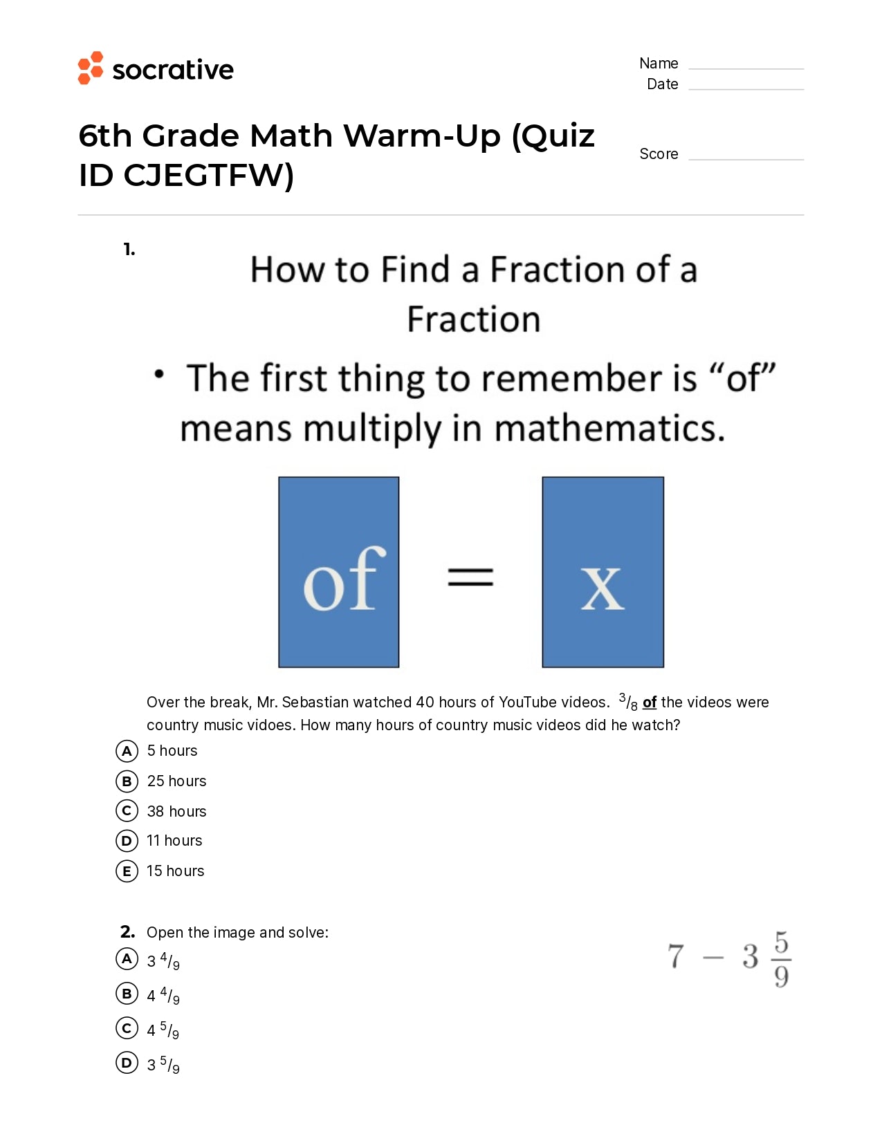 6Th Grade Math Warm-Up