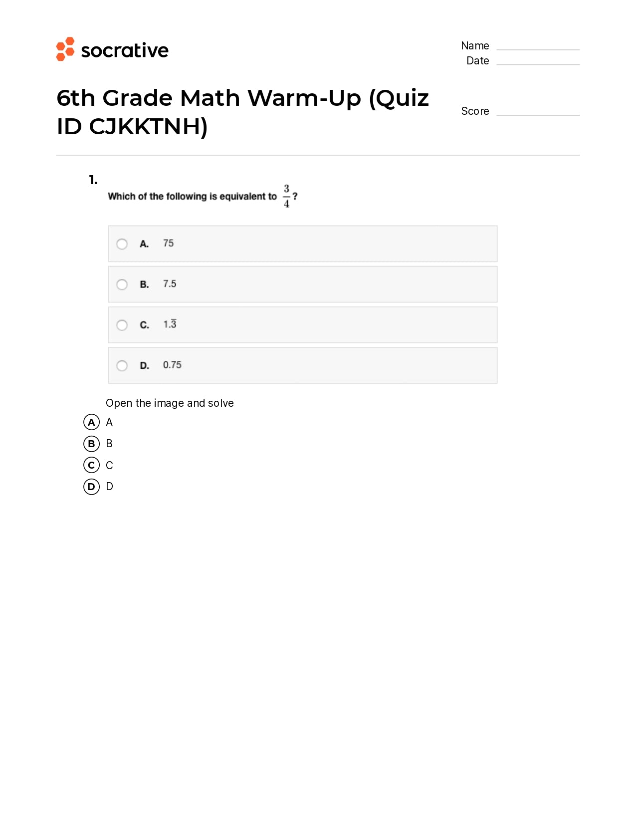 6Th Grade Math Warm-Up