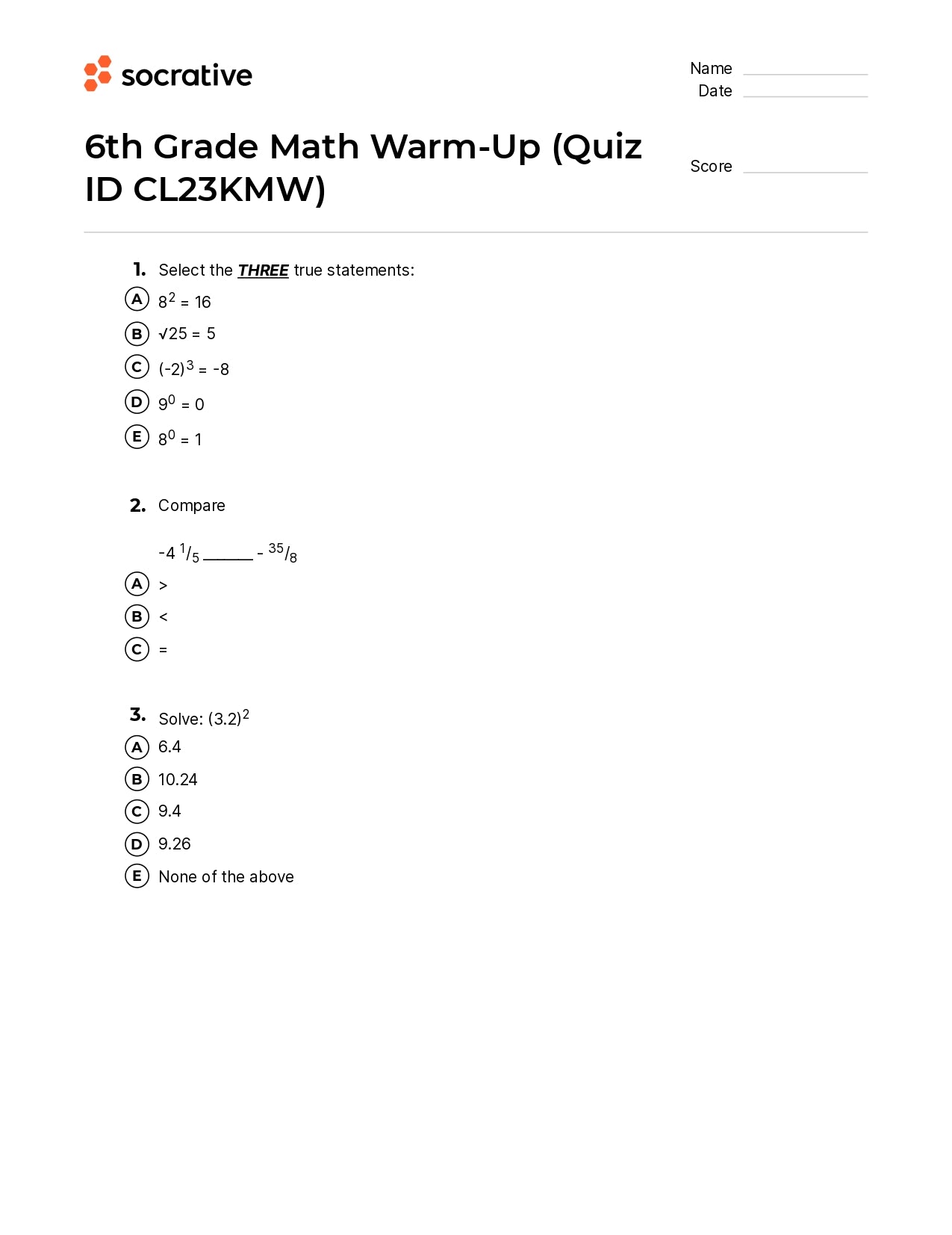 6Th Grade Math Warm-Up